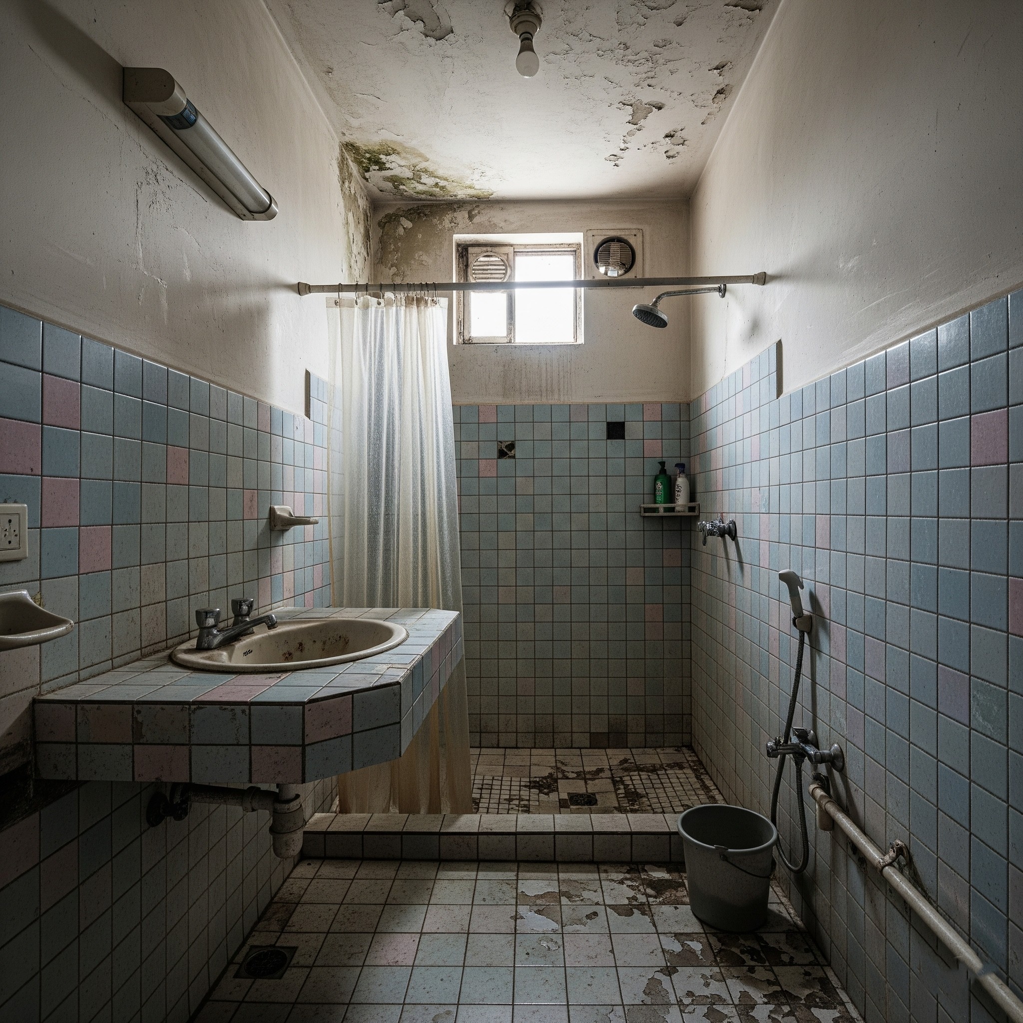 Before: Small, cramped, and unorganized powder room in a Karachi bungalow, lacking efficient storage and modern design.
