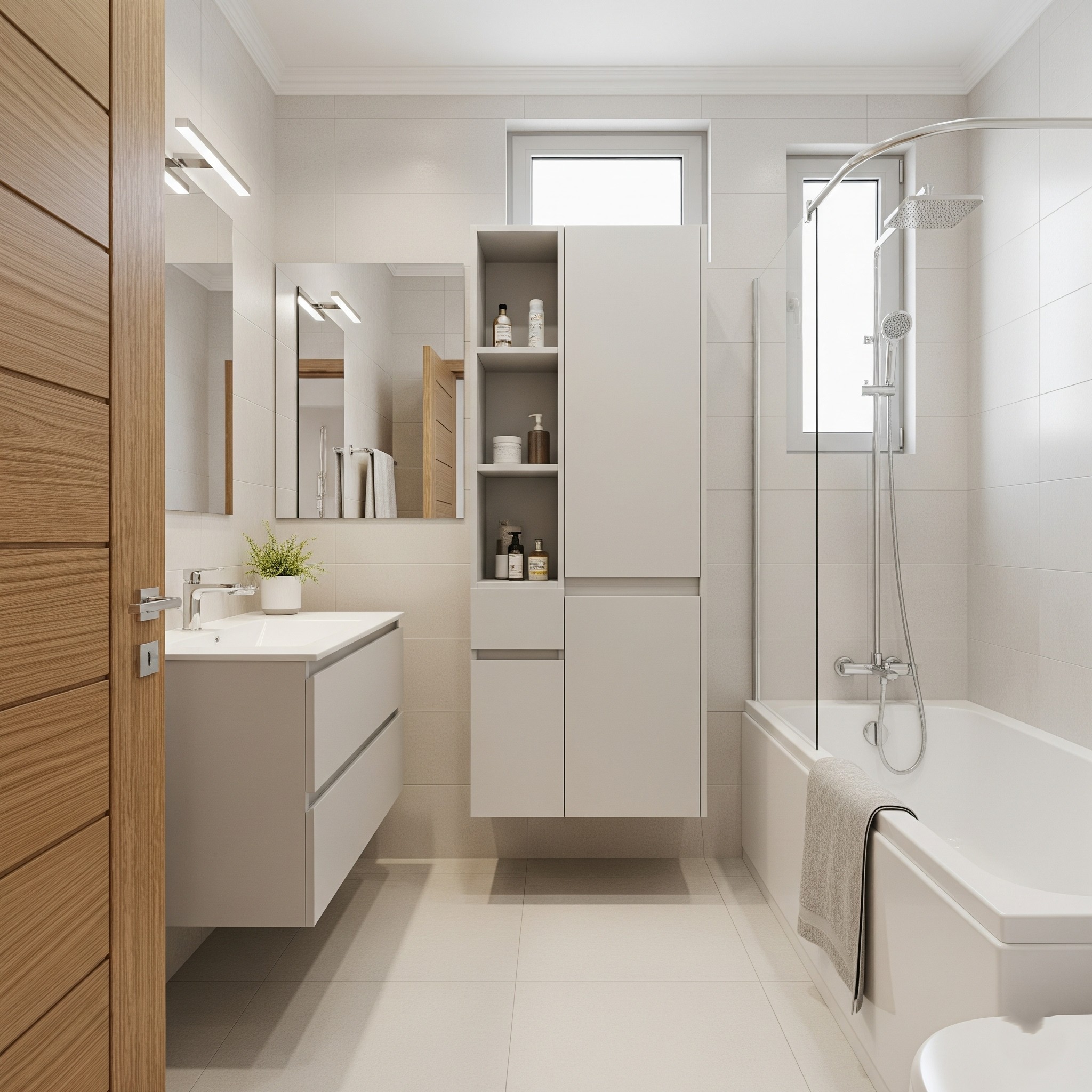 After: Compact and elegant bathroom in Karachi with smart built-in storage solutions and space-saving fixtures.