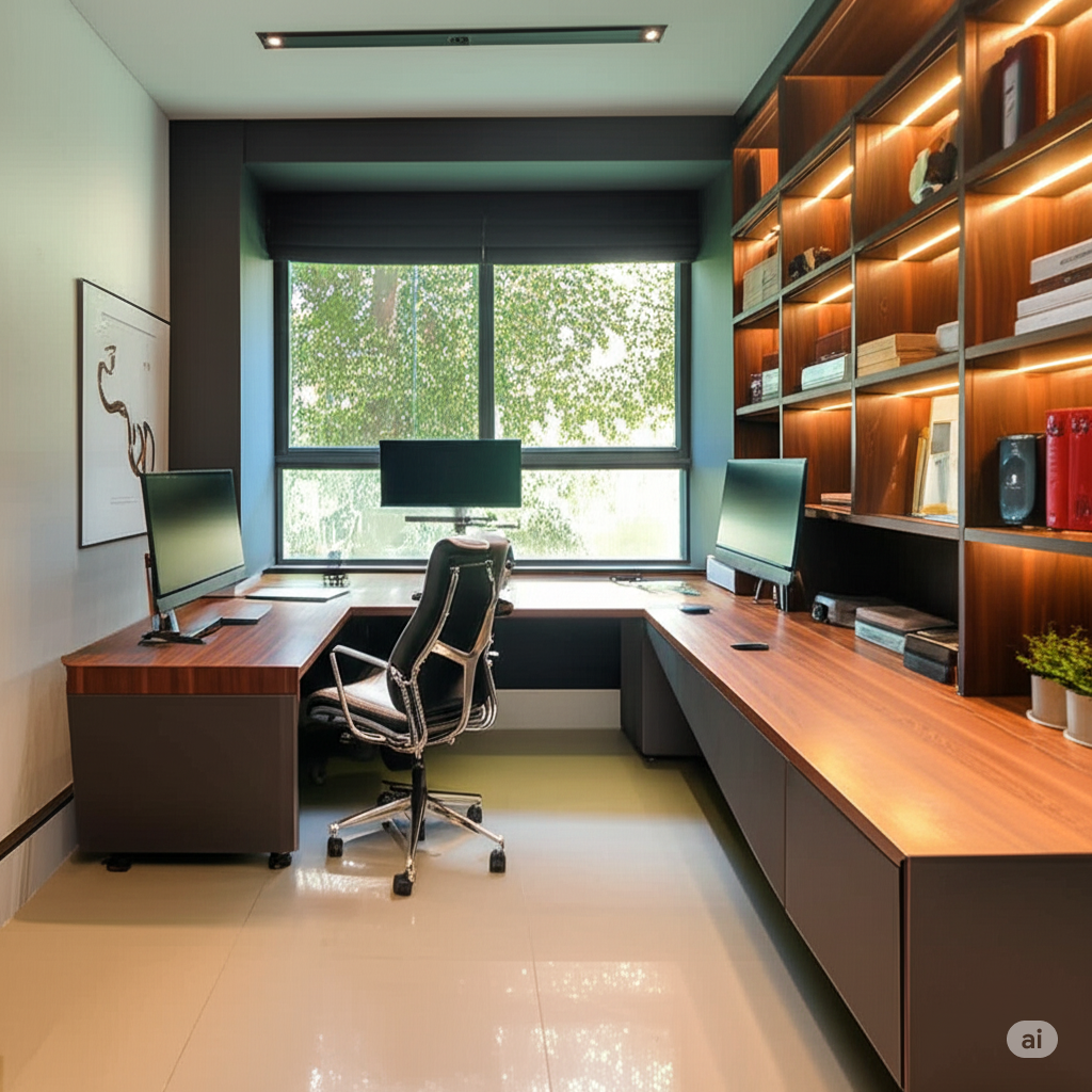 After: Compact and efficient home office setup with built-in desk and shelving in a Karachi apartment