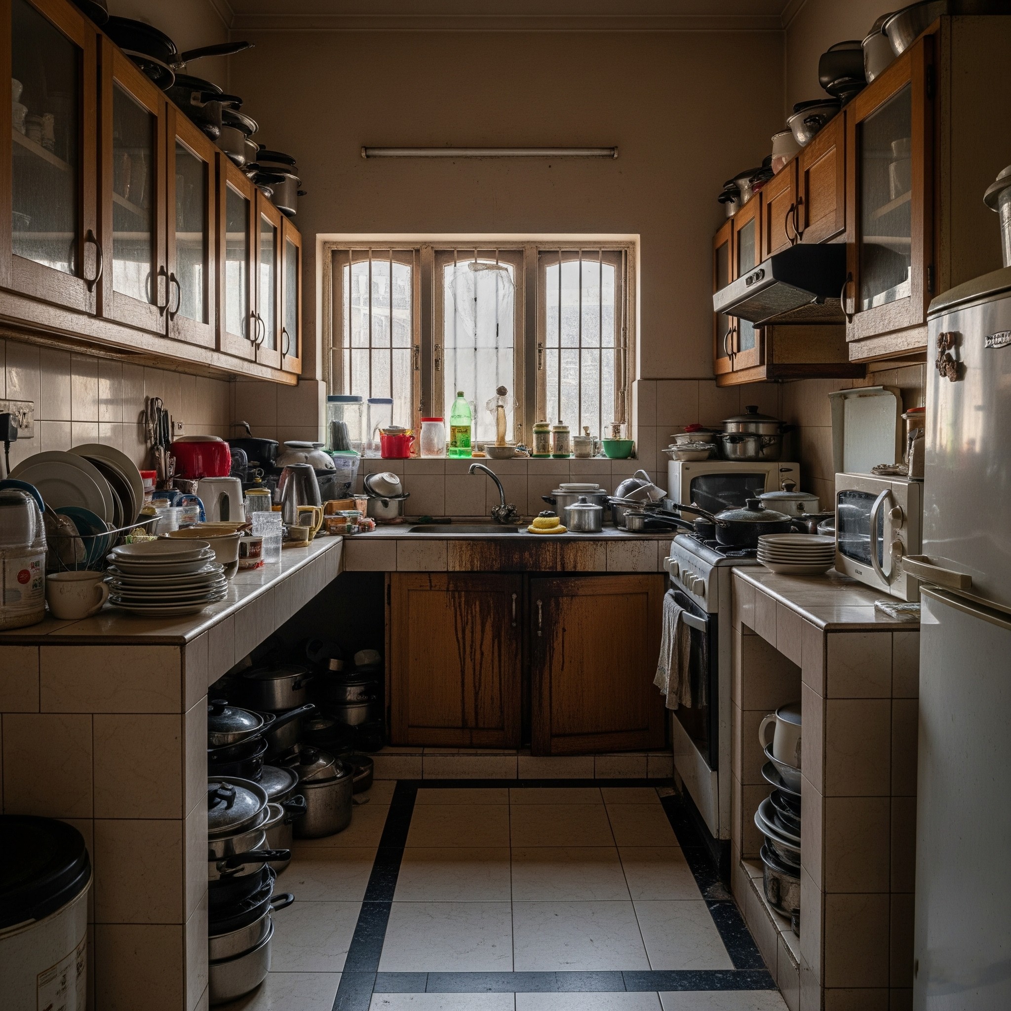 Before: Cluttered Kitchen in Karachi with an inefficient layout and dated appliances, prior to renovation.
