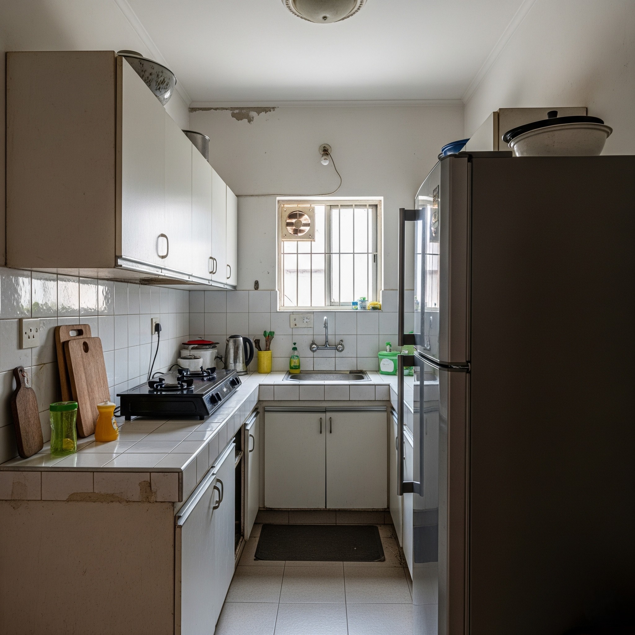 Before: Small, Inefficient Kitchen in Karachi with limited counter space and old fixtures, before renovation.
