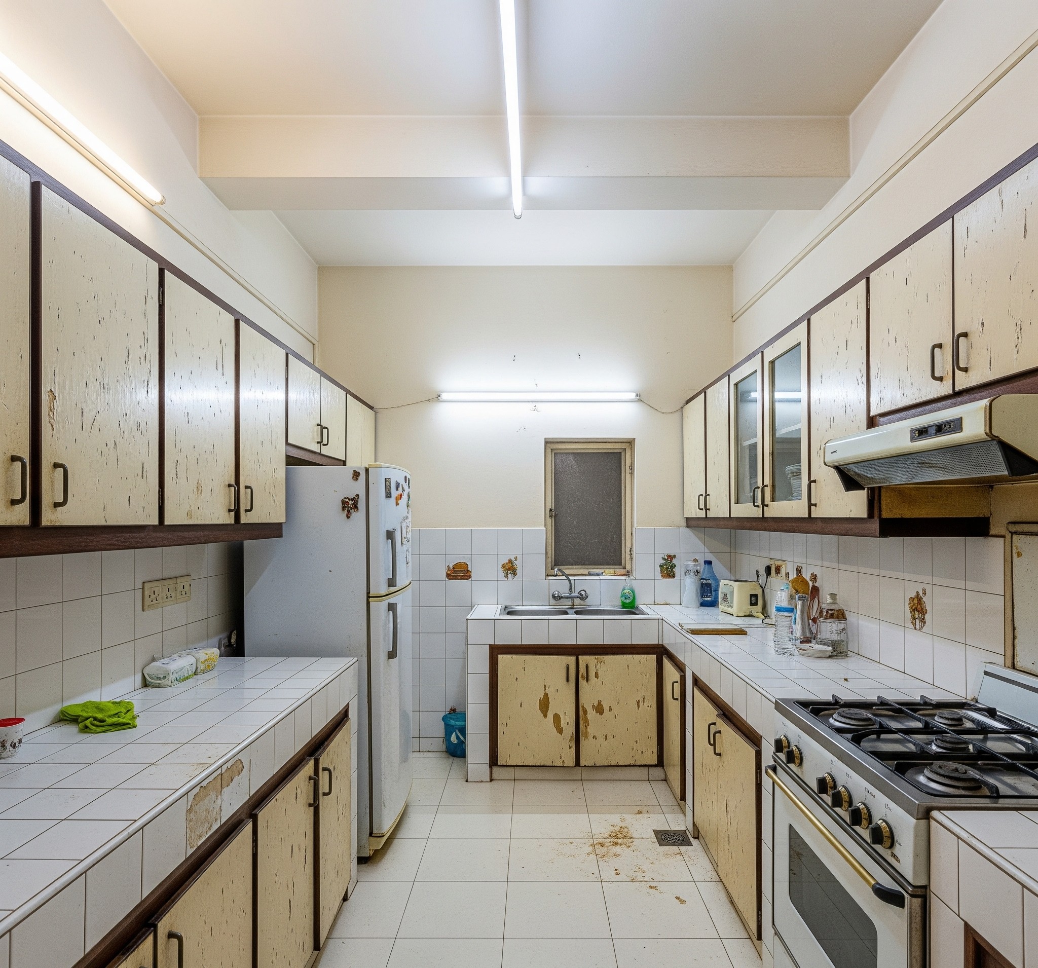 Before: Outdated Kitchen in Karachi with old wooden cabinets and worn countertops, awaiting remodeling.