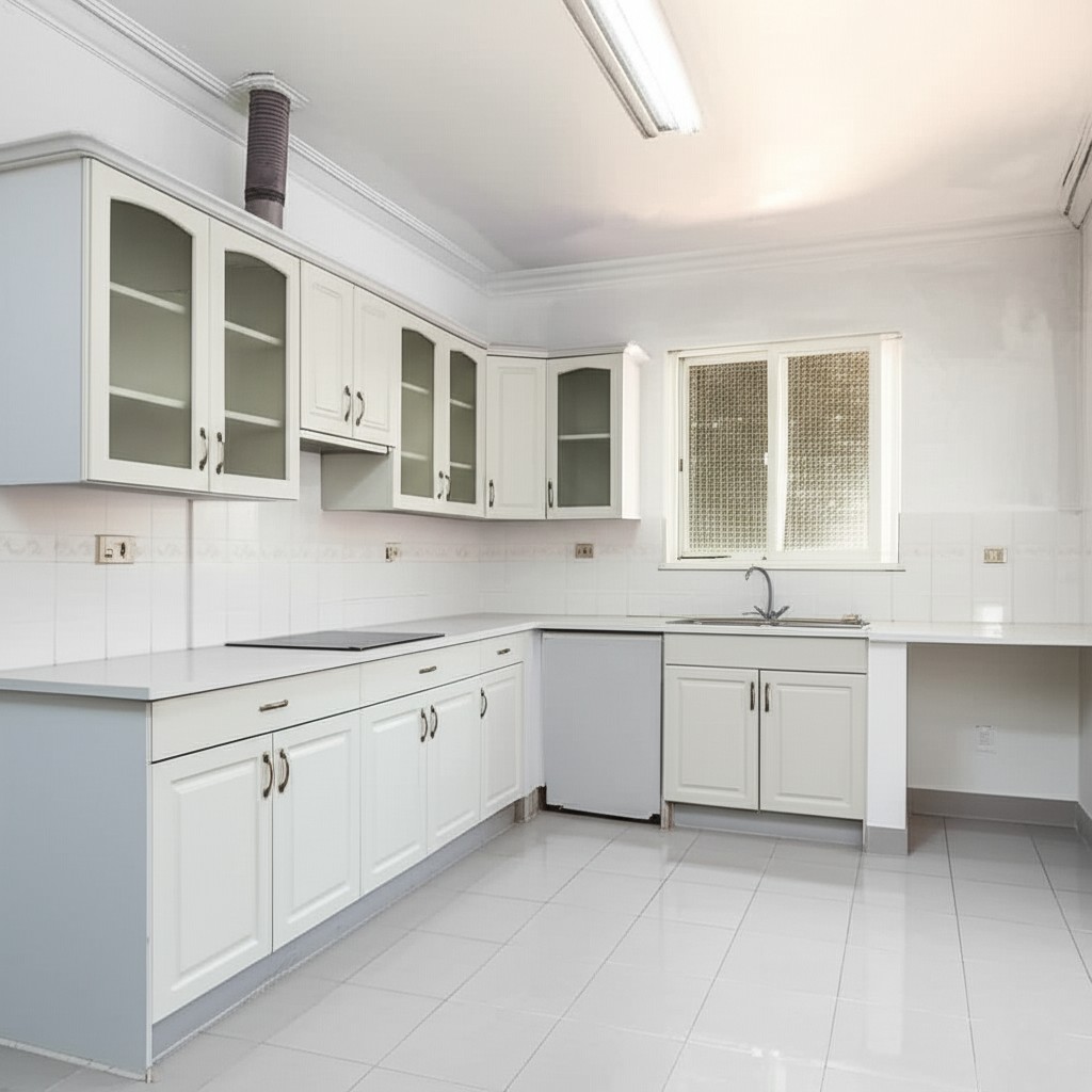 After: Fully Restored, Hygienic, and Modern Kitchen in Karachi, free of damage with pristine surfaces.