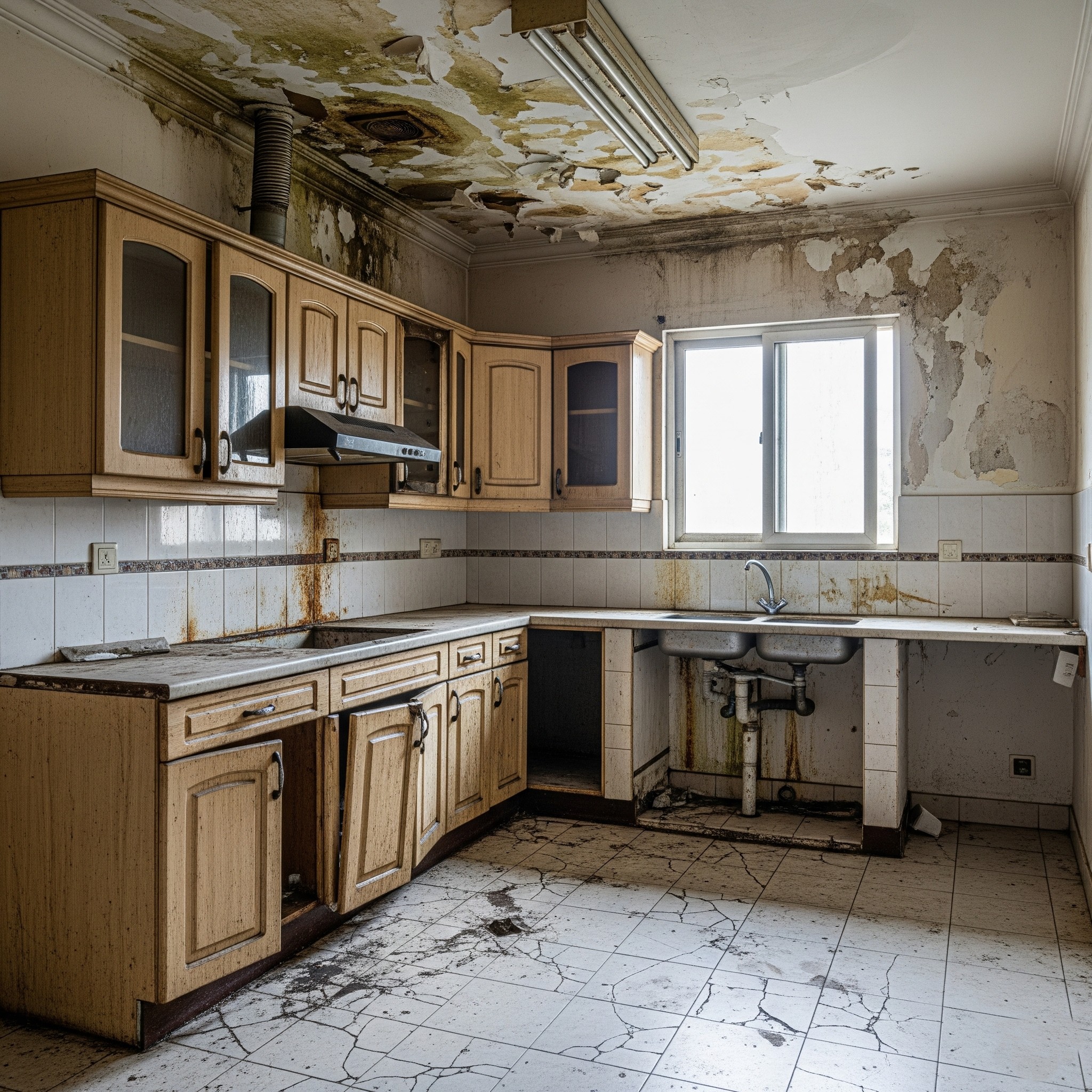 Before: Water-Damaged Kitchen in Karachi with visible mold, peeling paint, and unhygienic conditions.