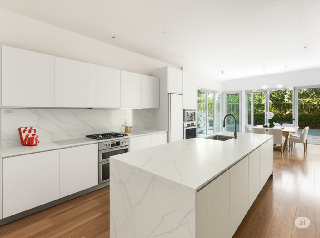 After: Smart kitchen design with multi-functional island and maximized storage in a Karachi home