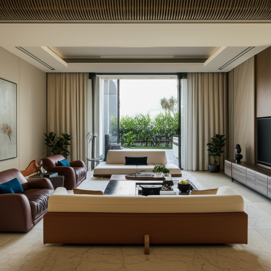 After: Spacious and modern living room after space optimization and layout redesign in a Karachi apartment