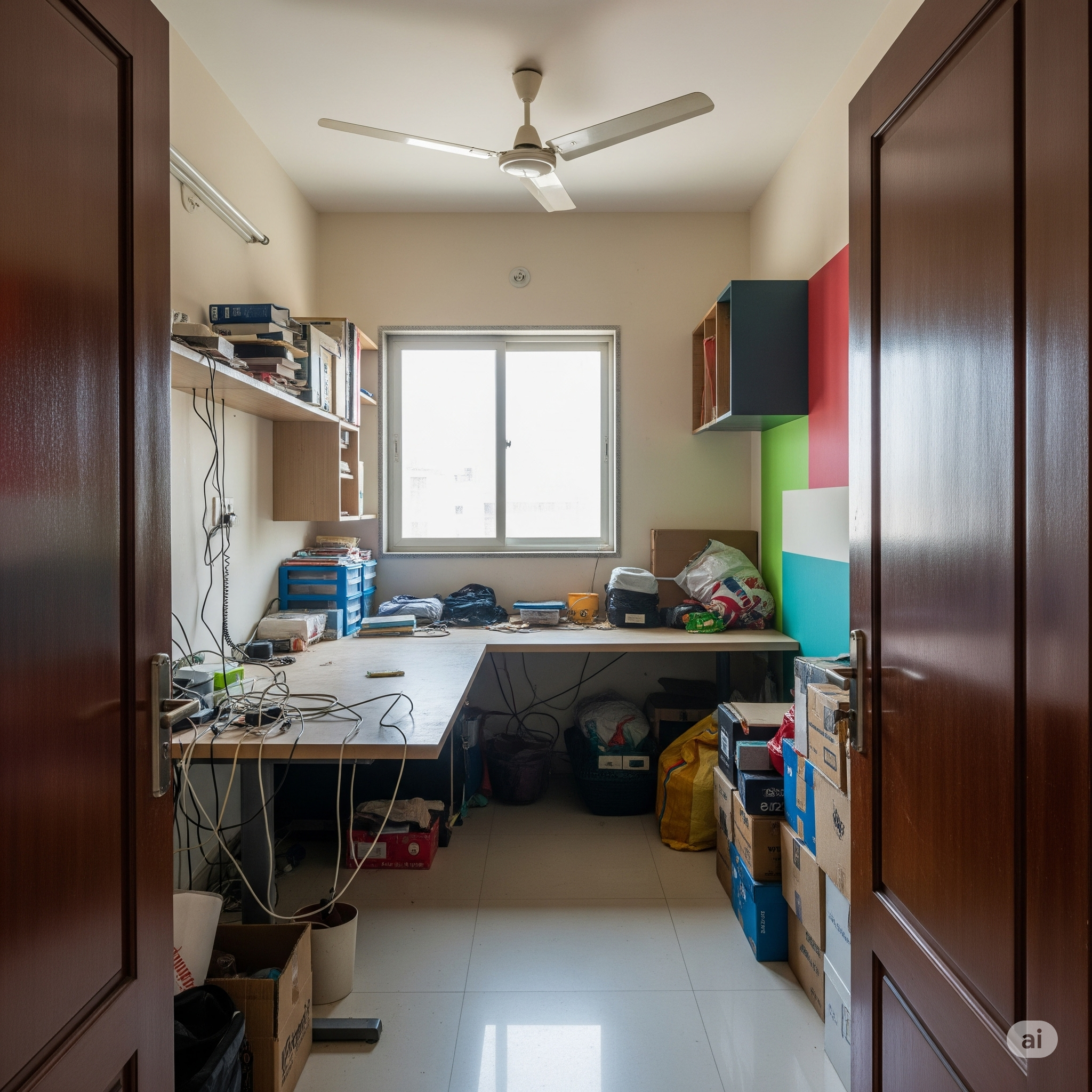 Before: Unused corner transformed into a functional home office setup in a Karachi apartment