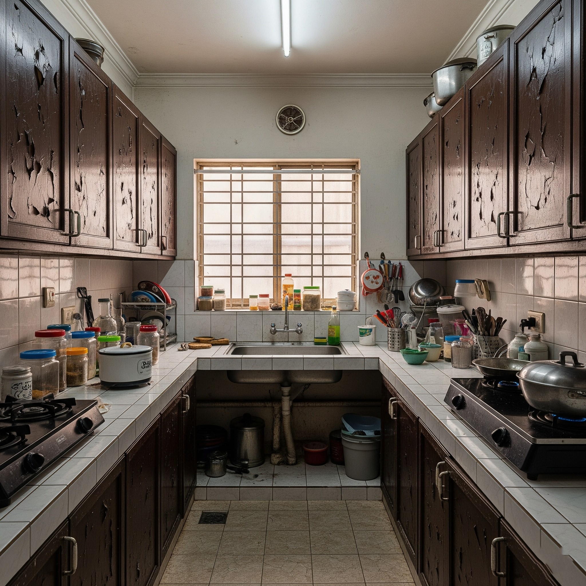Before kitchen renovation in Karachi: A small, cluttered kitchen with inefficient layout and old appliances.