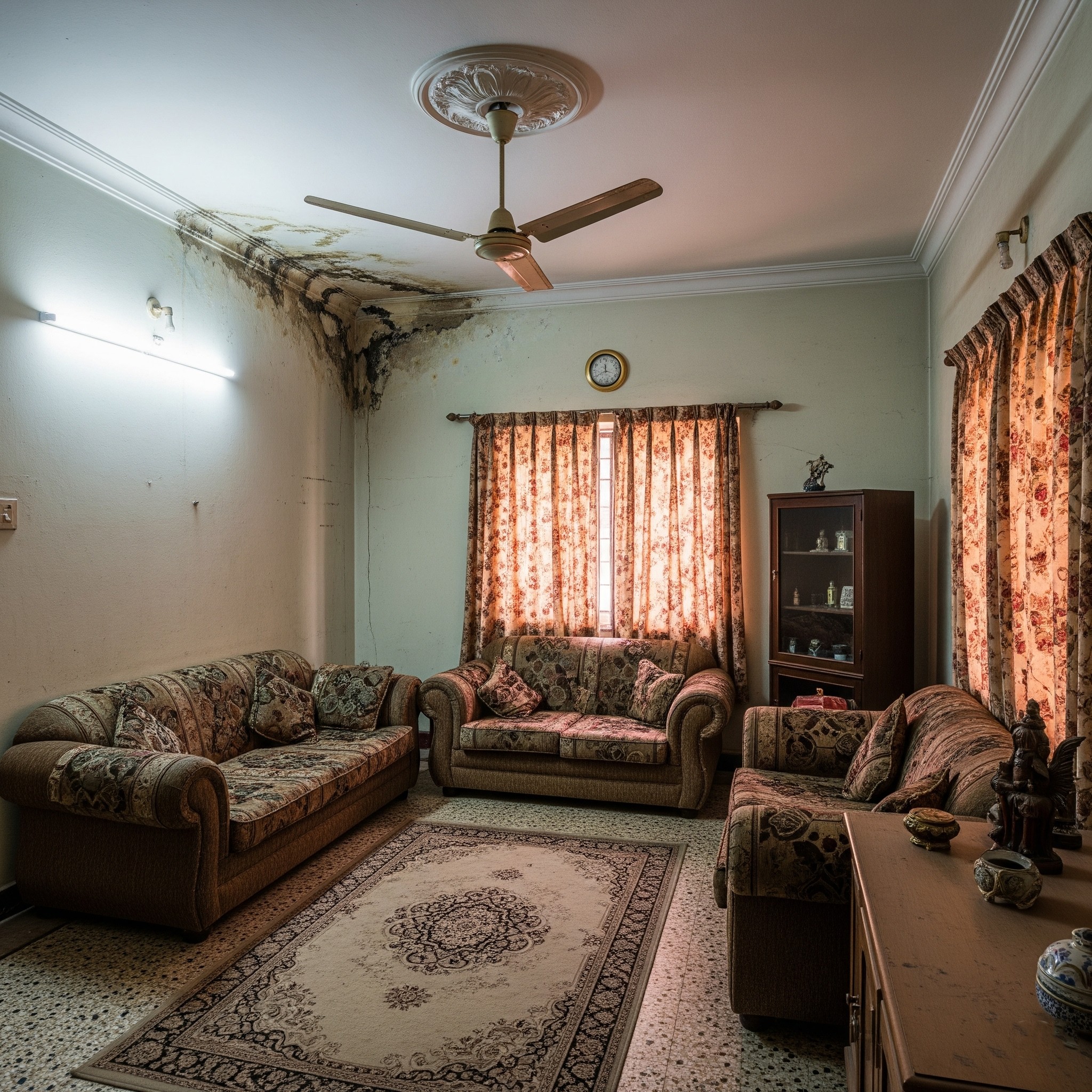 Before interior renovation in Karachi: A run-down living room with old furniture, peeling paint, and poor lighting.