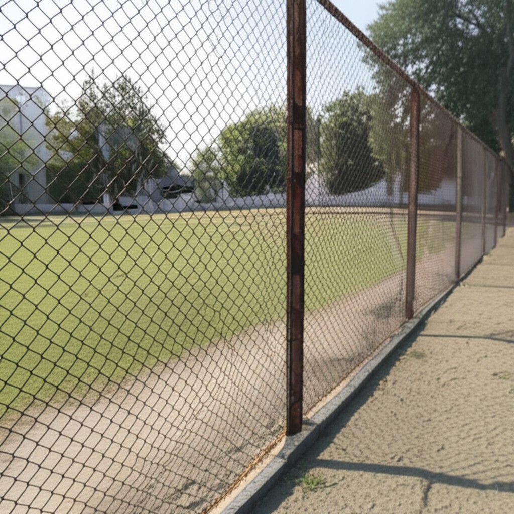 Before `fence repair Karachi`: A damaged `chain link fence Karachi` in a commercial area.