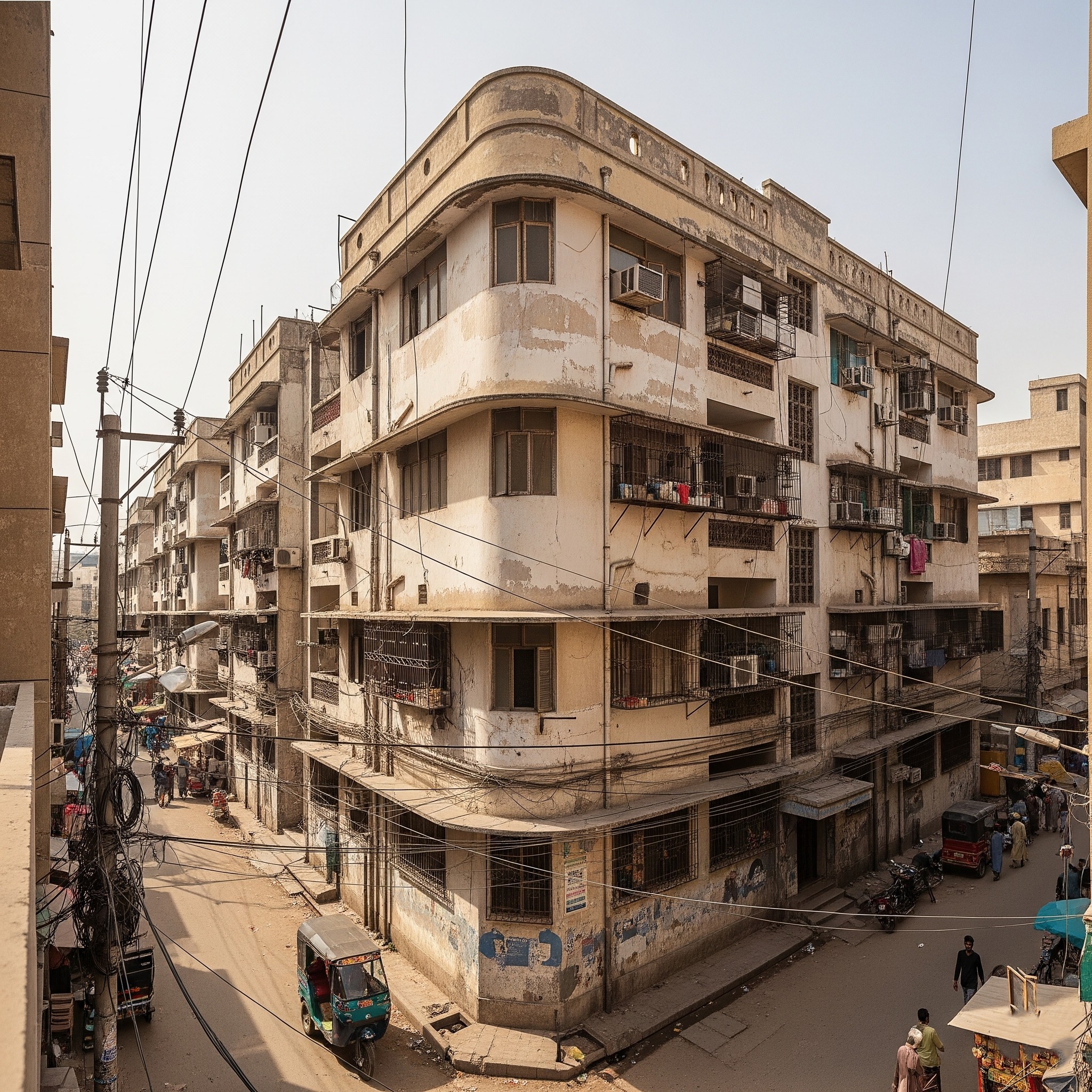 Before commercial exterior painting: An old, dull commercial building in Karachi.