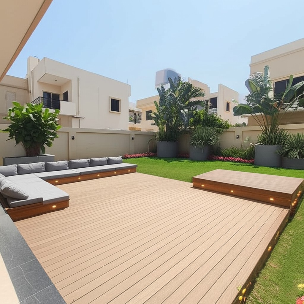 After deck renovation in Karachi: A modern wooden deck with integrated seating and contemporary design, perfect for outdoor entertainment.
