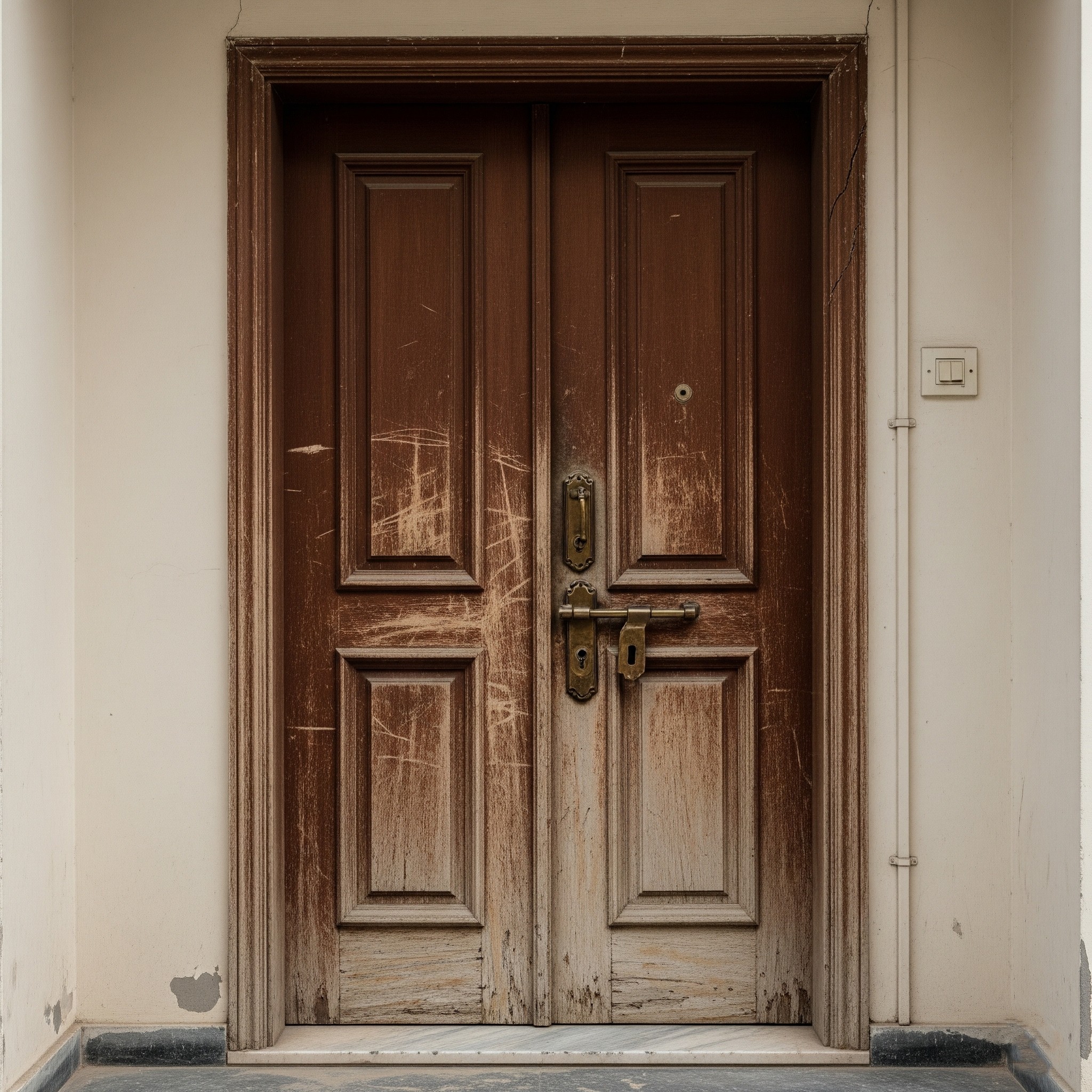 Before door replacement: An outdated main door on a Karachi property.