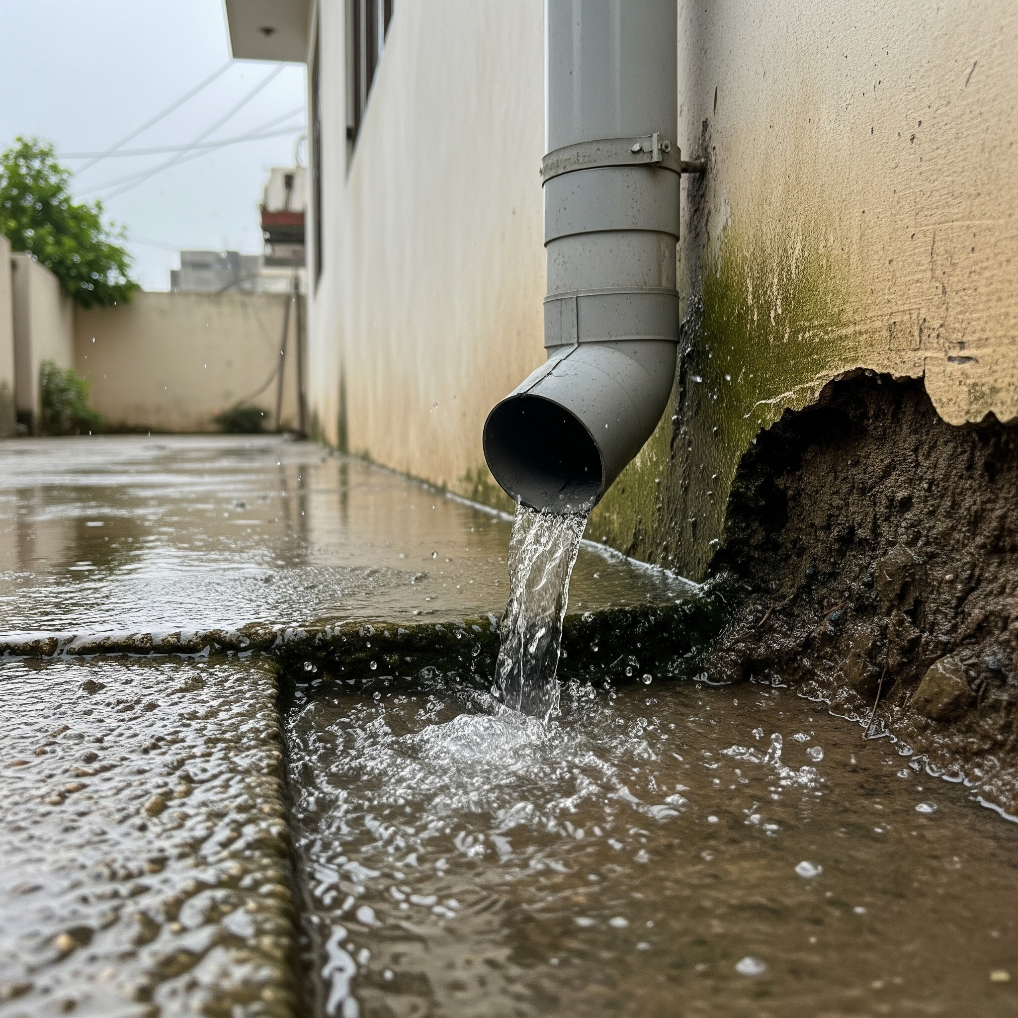 Before downspout repair: Water pooling near the foundation due to poor `downspout drainage Karachi`.