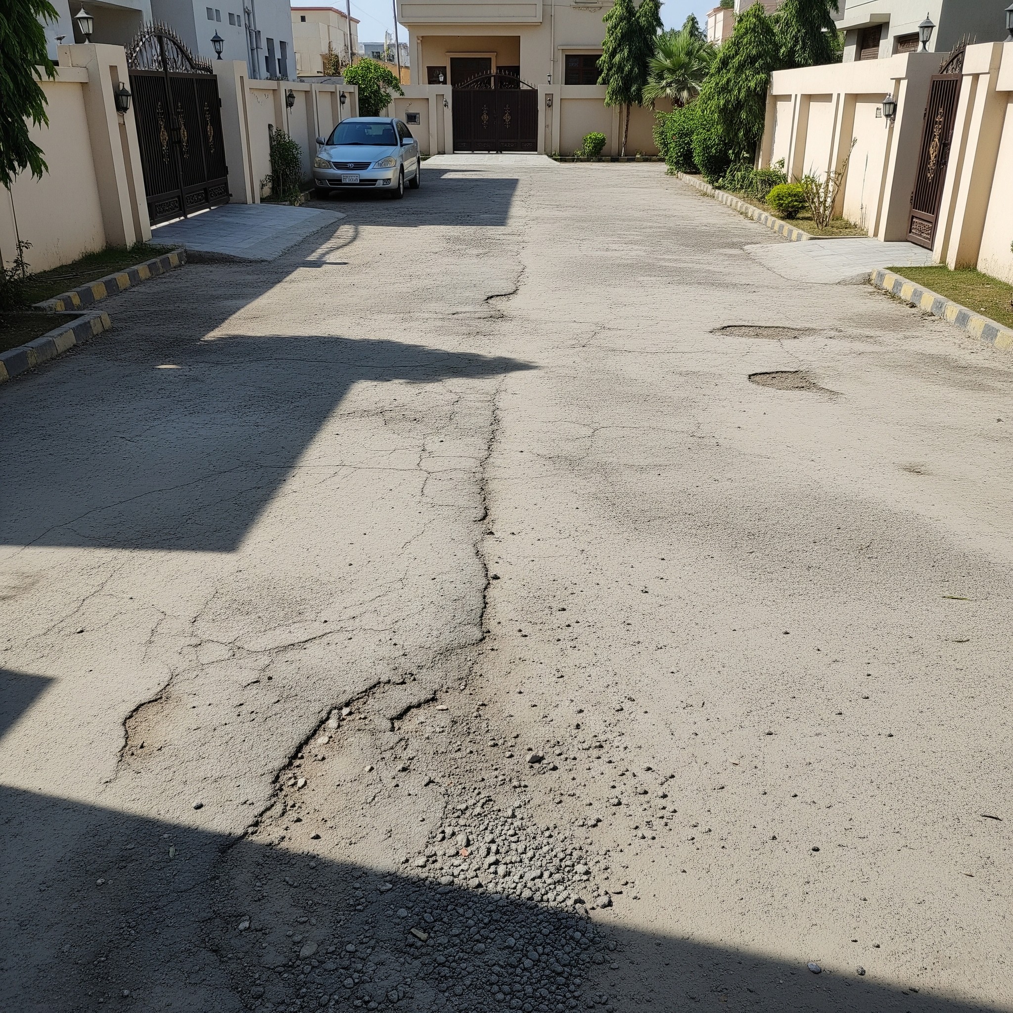 Before resurfacing: A faded and rough asphalt driveway in Karachi, showing signs of wear.