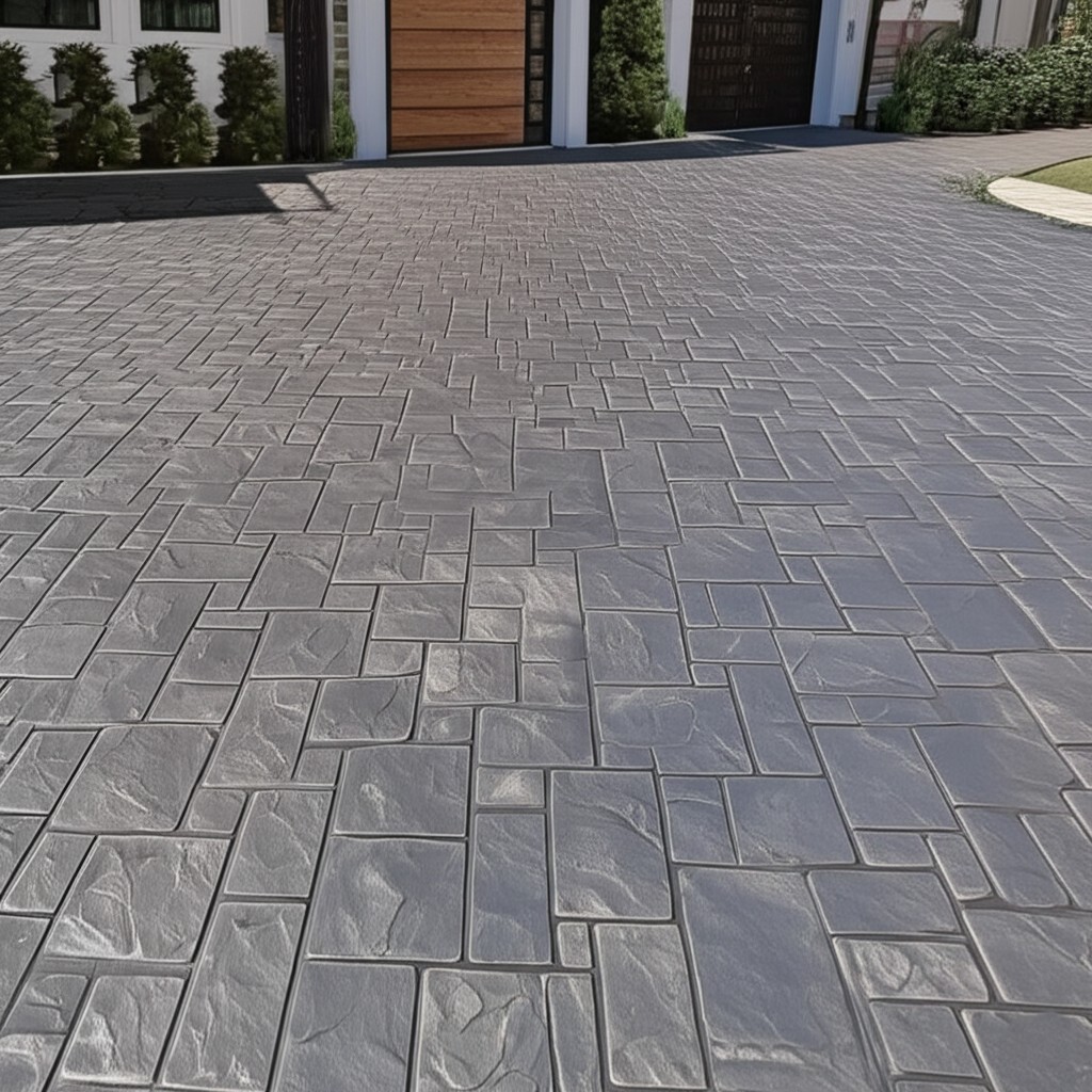 After resurfacing: A beautifully stamped concrete driveway with a fresh, decorative finish in Karachi, enhancing curb appeal.