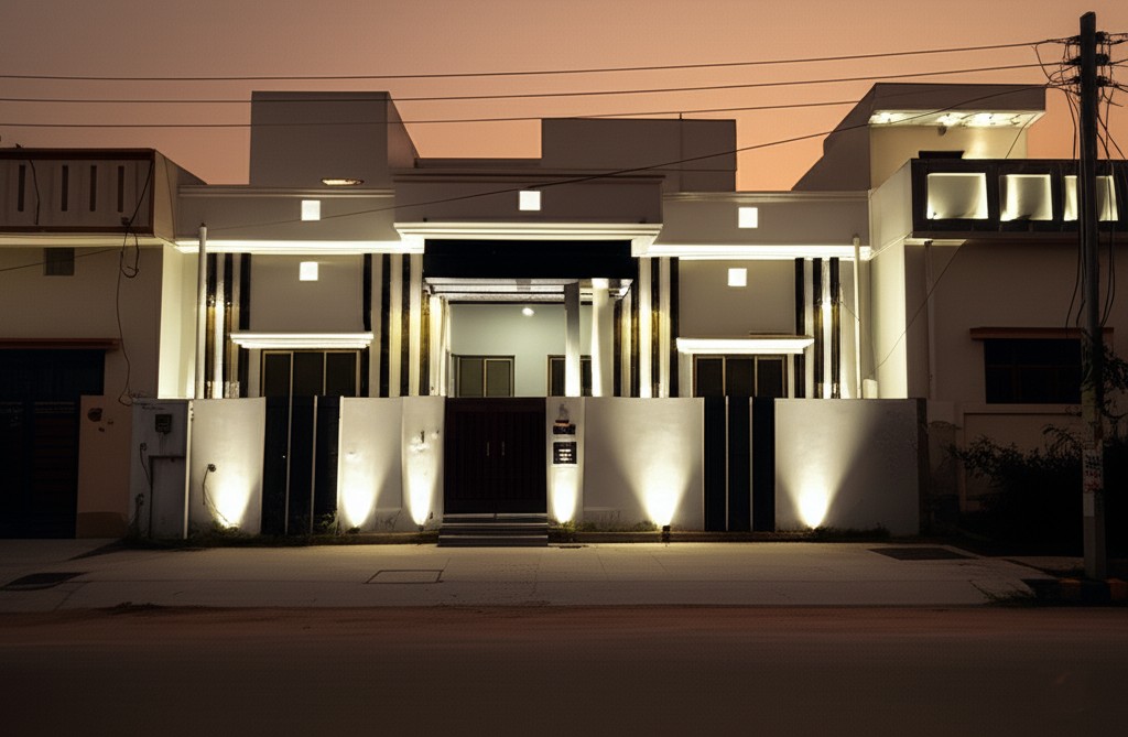 After facade renovation: A modern building facade in Karachi with sleek ACP cladding, showcasing a complete `facade aesthetic upgrade Karachi`.
