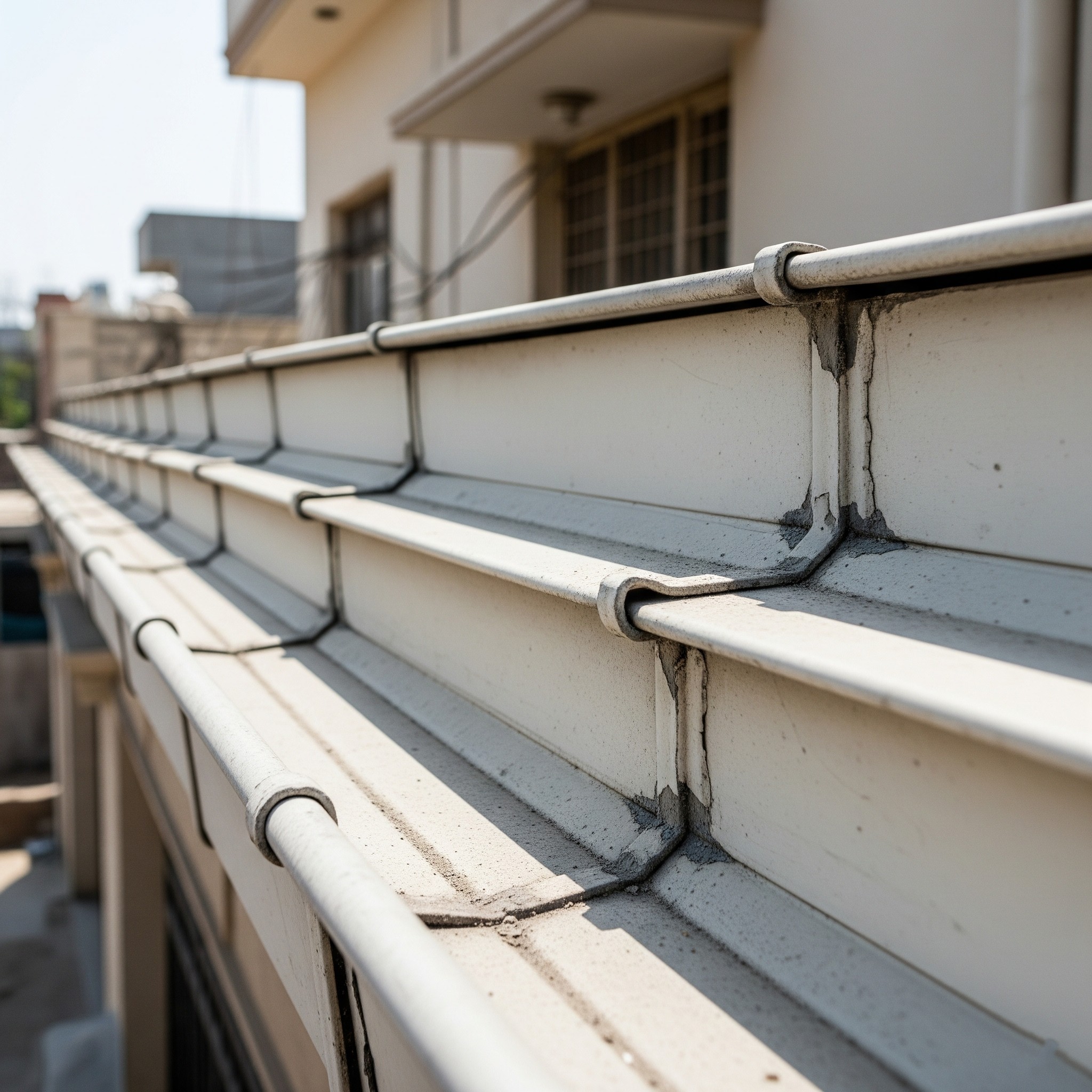 Before gutter replacement: An old, worn gutter system on a Karachi home.