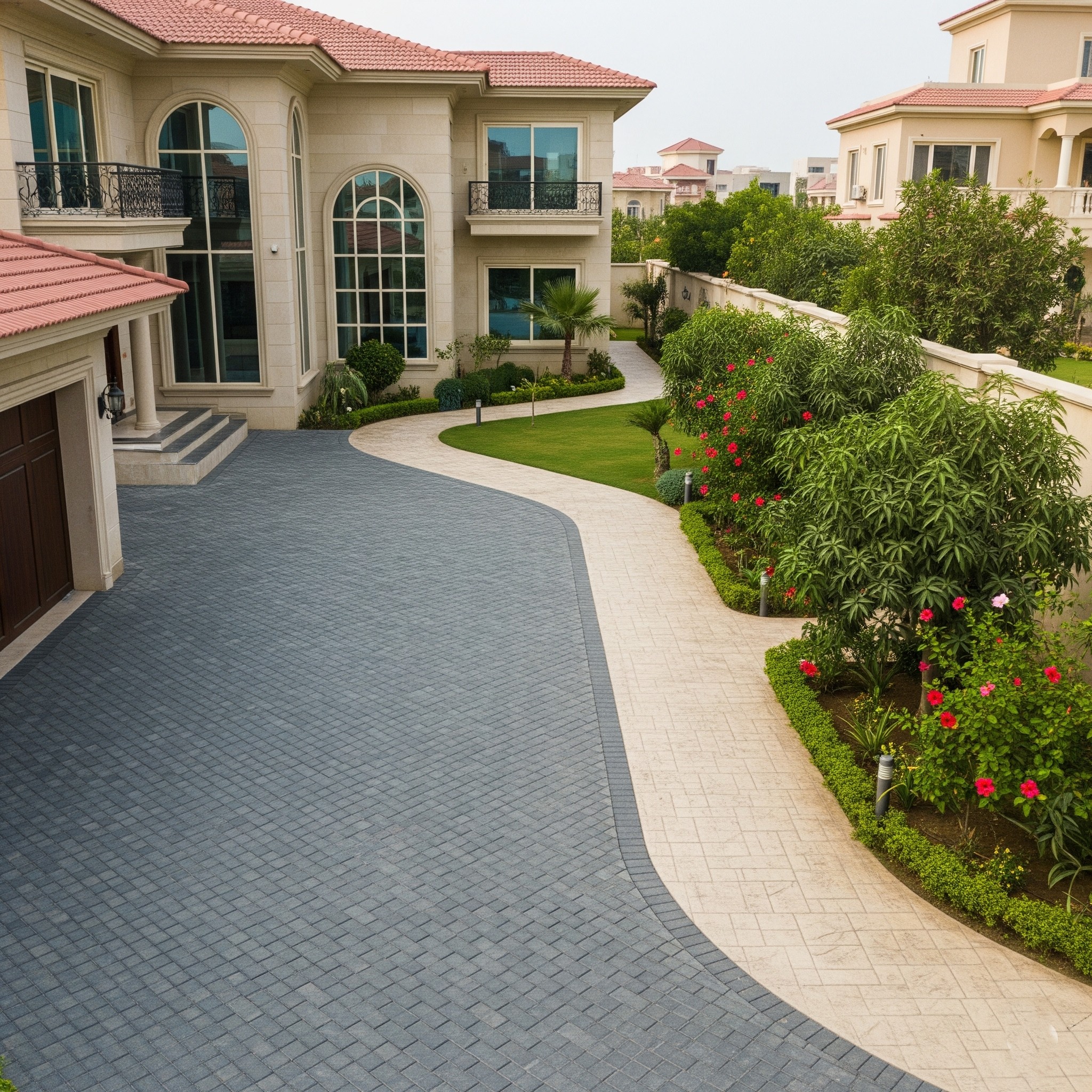 After pathway installation in Karachi: A beautiful natural stone pathway enhancing the property's curb appeal, part of durable outdoor surfaces.