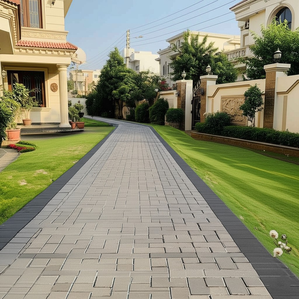 After resurfacing: A modern, interlocking paver pathway with clean lines in Karachi, providing safe and smooth pathways.