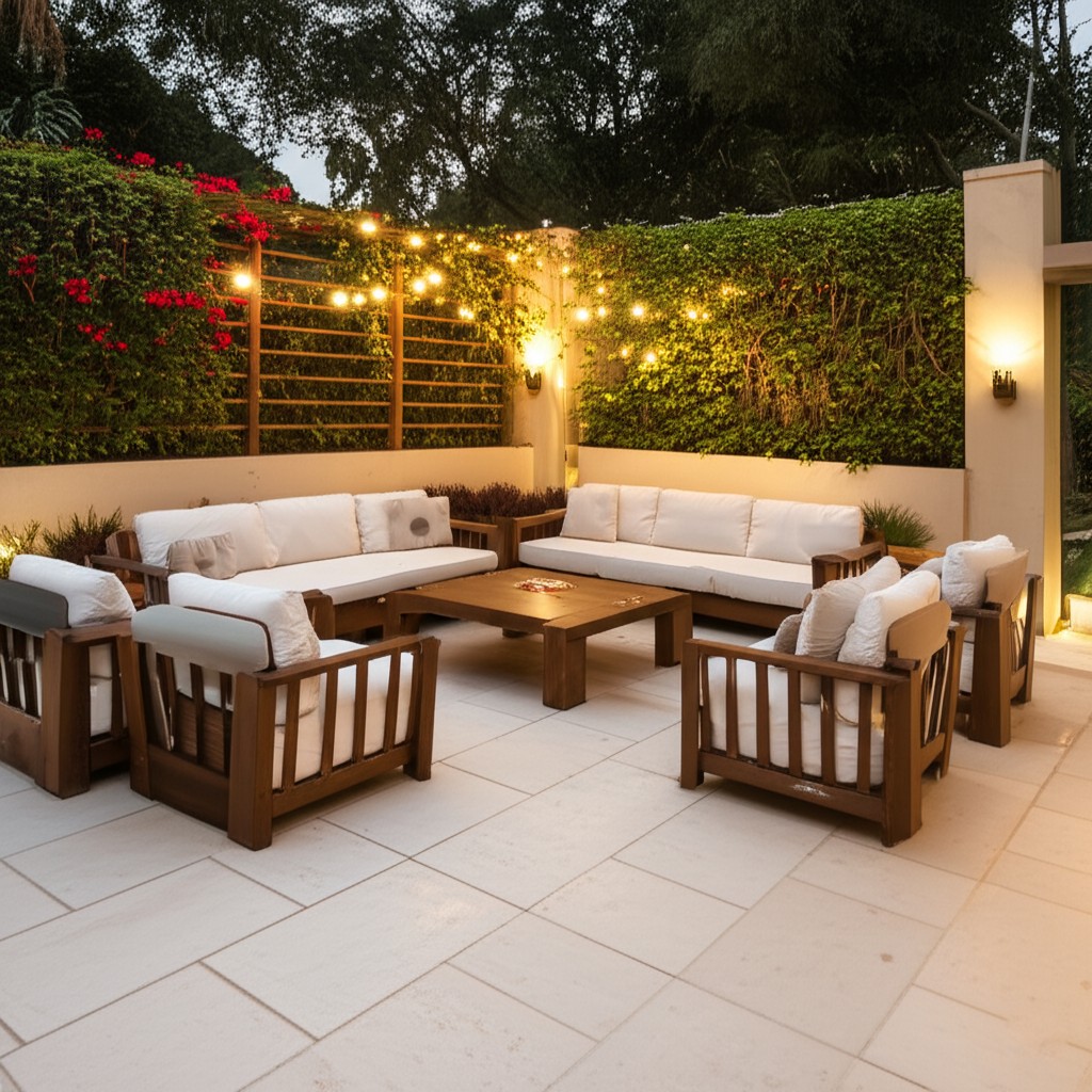 After patio renovation in Karachi: A luxurious outdoor living space with new paving, comfortable furniture, and ambient lighting, ideal for relaxation.