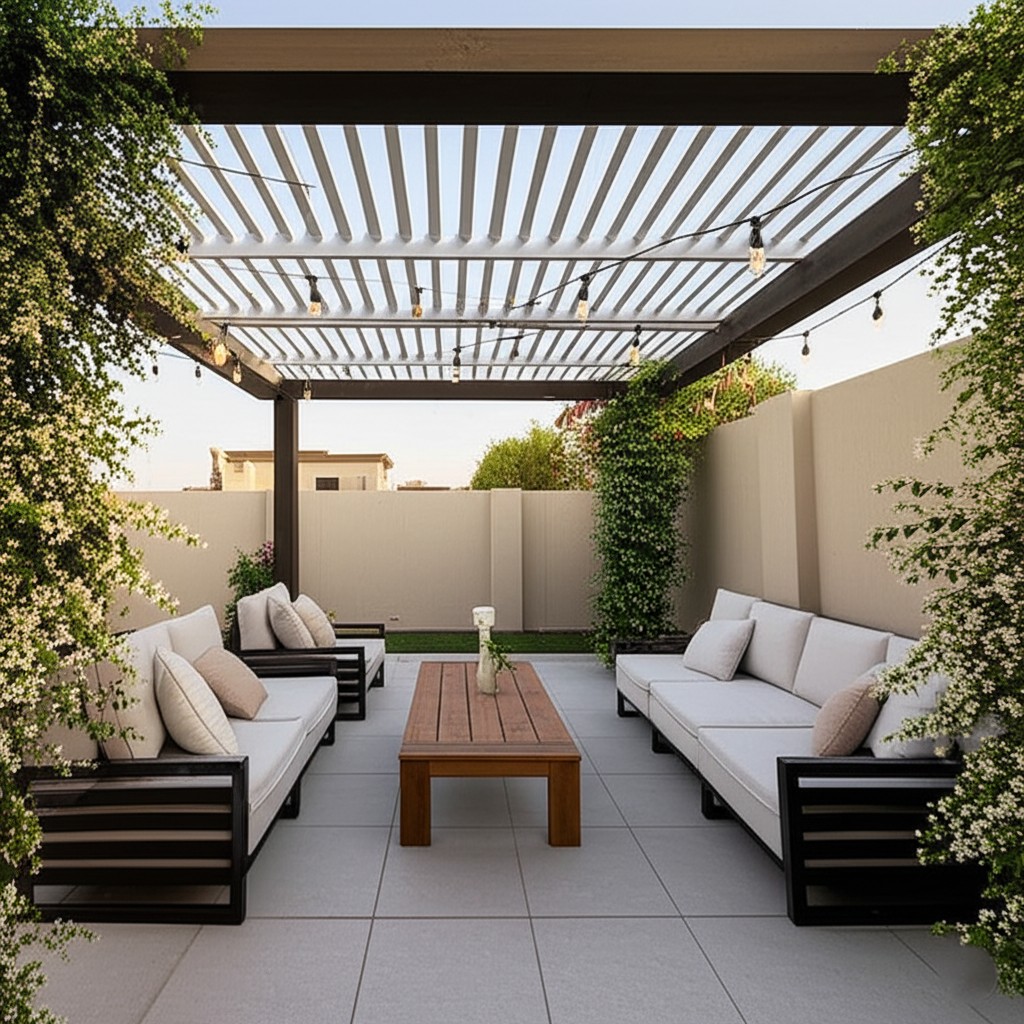 After pergola installation in Karachi: A beautiful covered pergola with comfortable seating and lighting, providing an ideal shaded retreat.