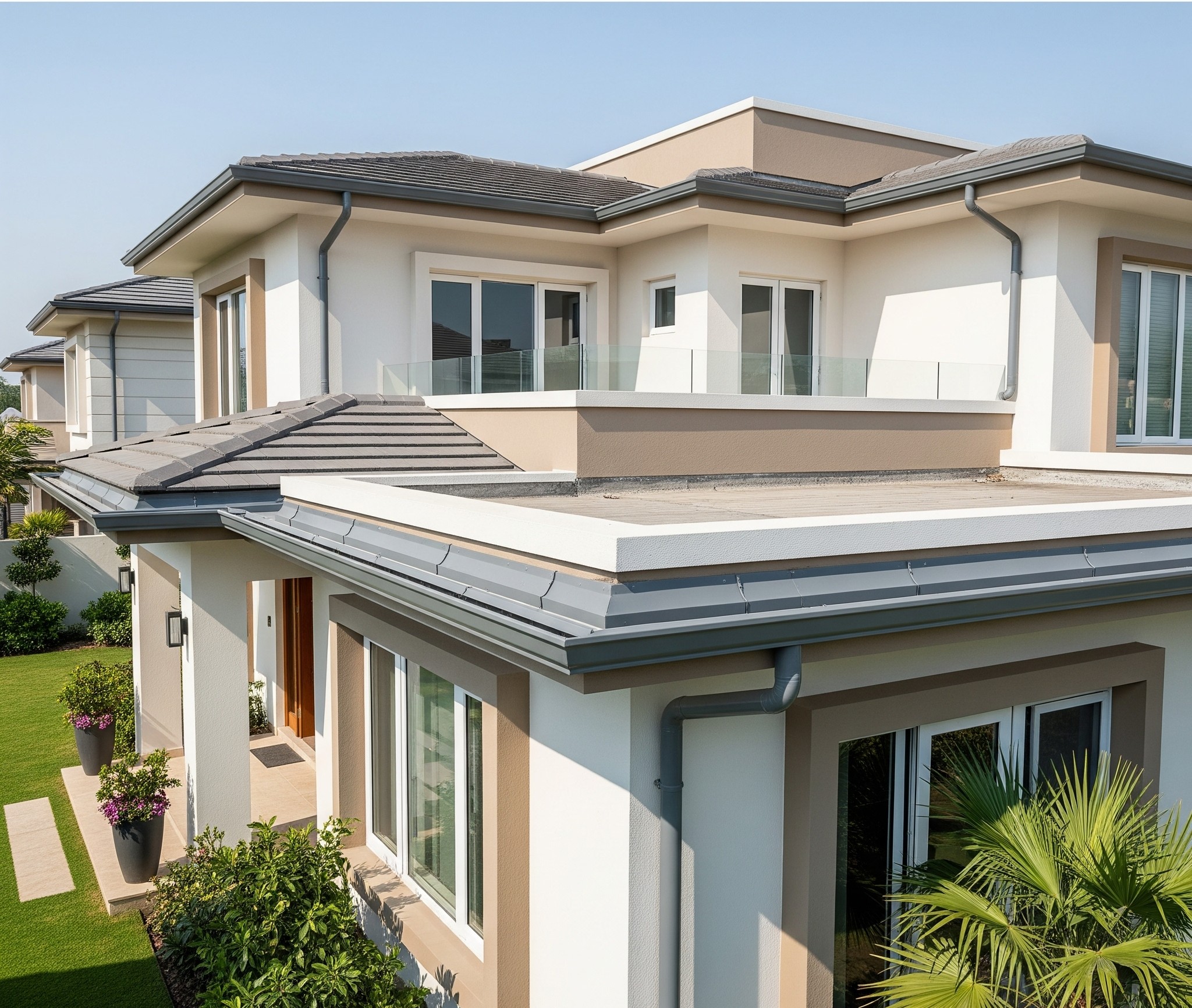 After `new roof installation Karachi`: A sleek, new roof system, enhancing `property protection Karachi`.