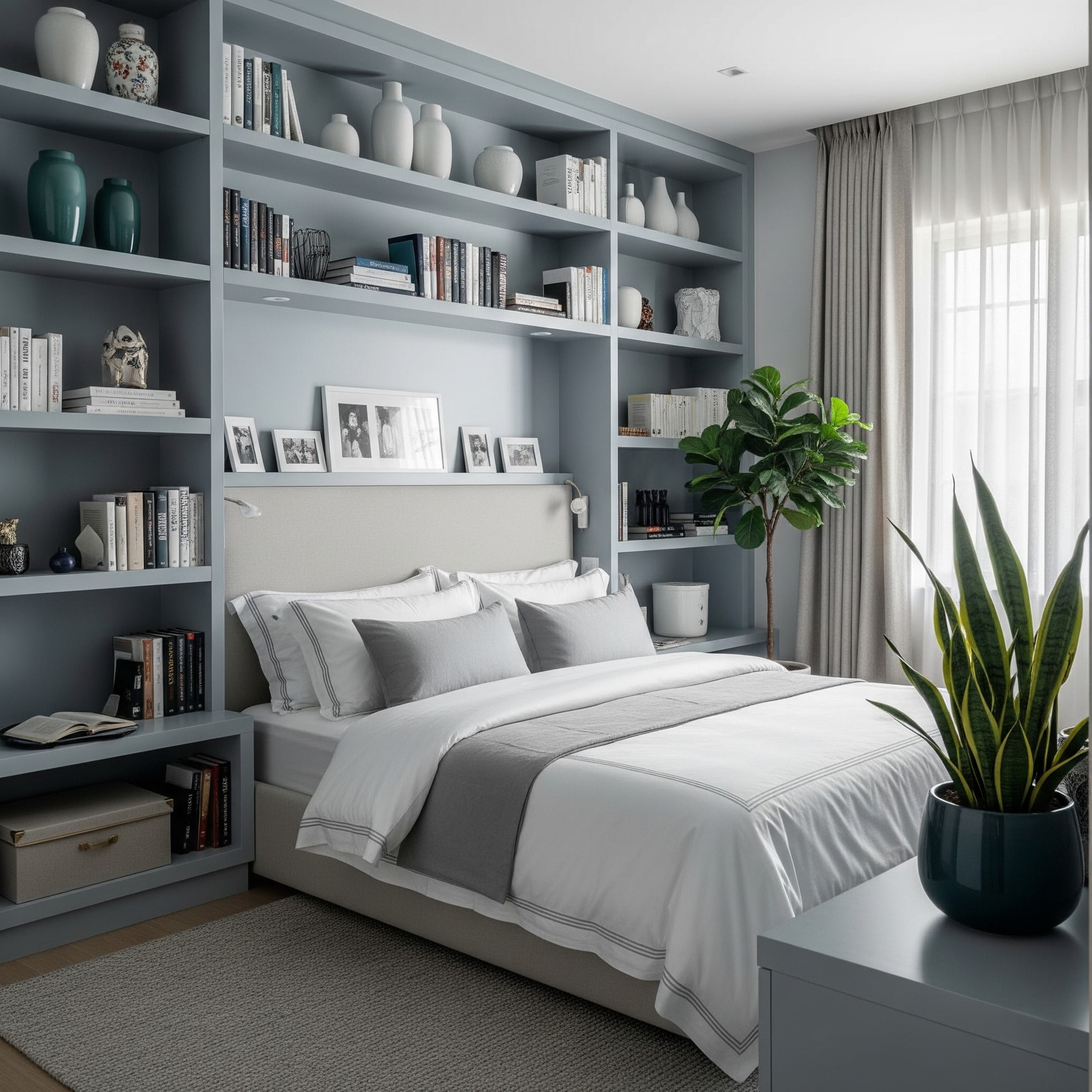 Bedroom with custom shelving