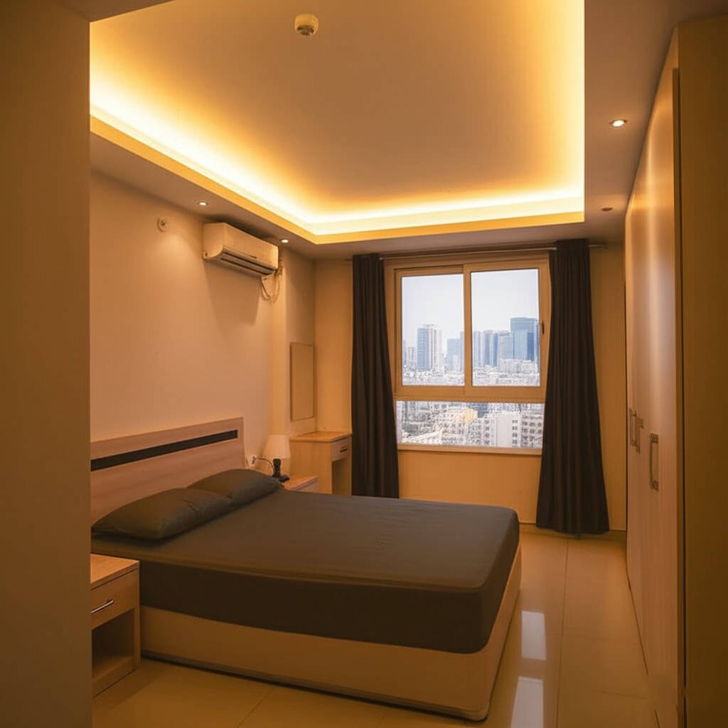 After lighting integration: A bright room with elegant cove lighting and spotlights in the false ceiling. Example of concealed lighting ceiling Karachi.