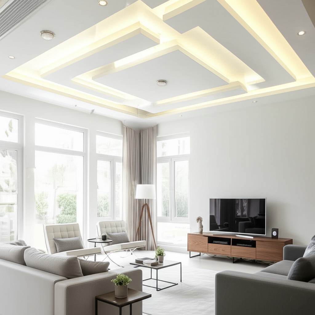 After false ceiling installation: A modern gypsum false ceiling with integrated lighting. Example of modern false ceiling Karachi.