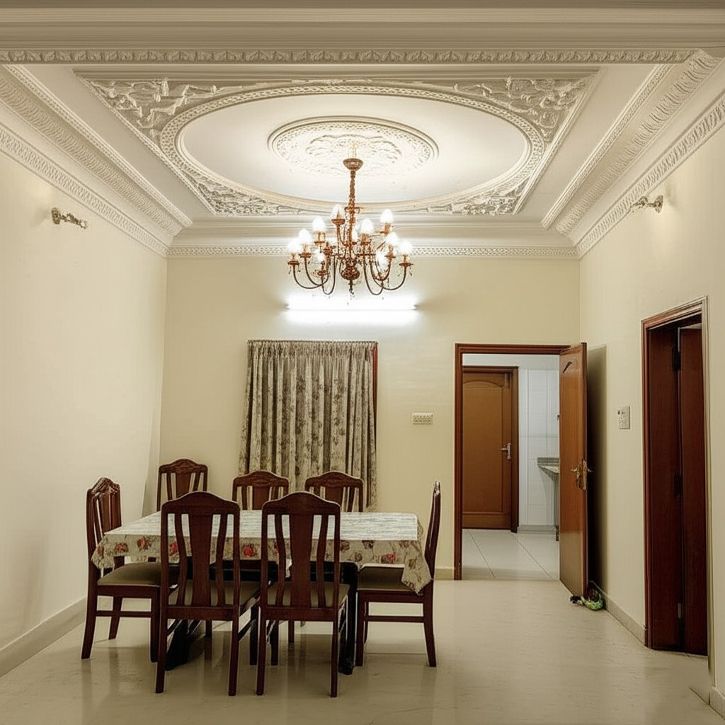 After POP ceiling work: A ceiling with intricate POP designs and cornices. Example of POP design Karachi.