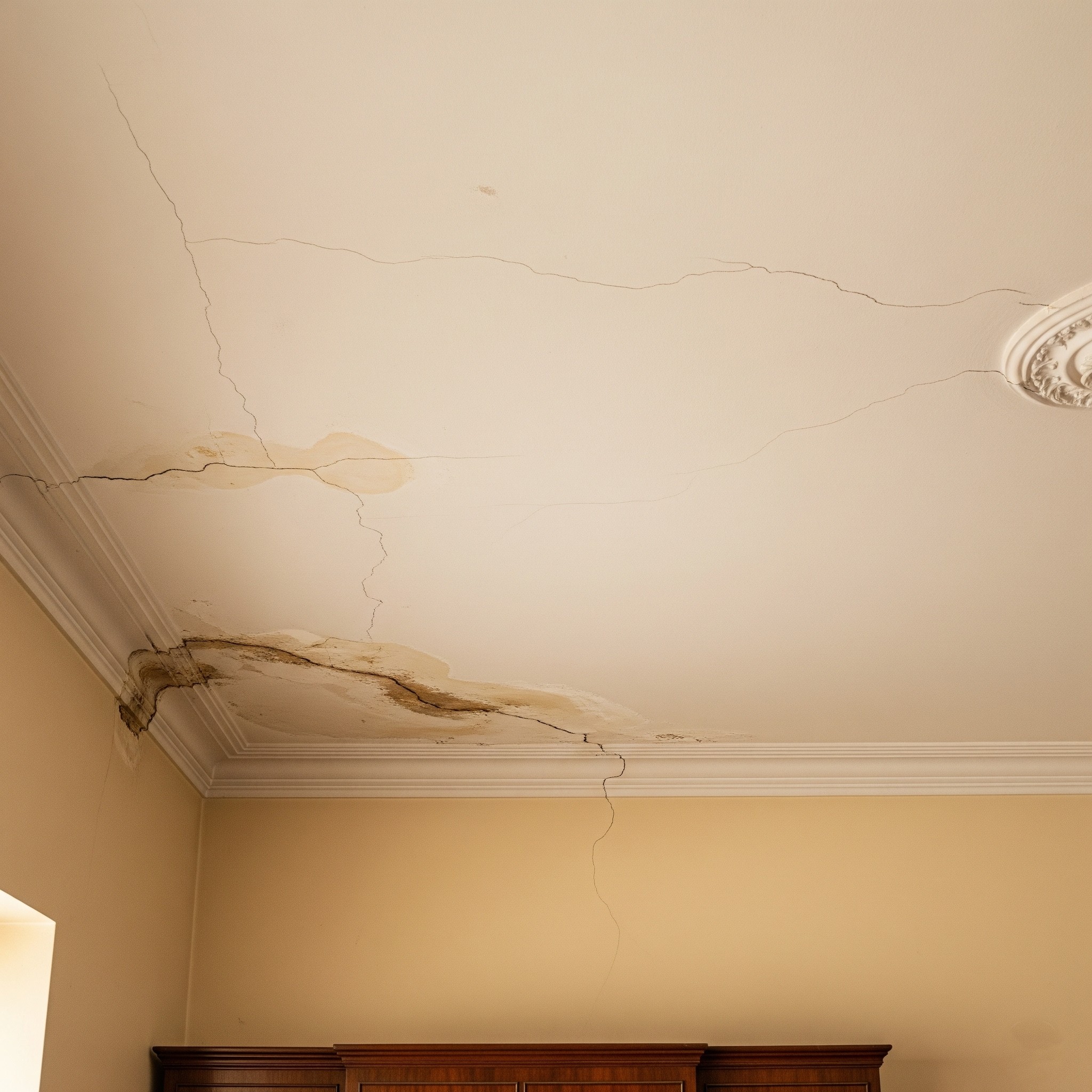 Before ceiling repair: A ceiling with visible cracks and water damage.