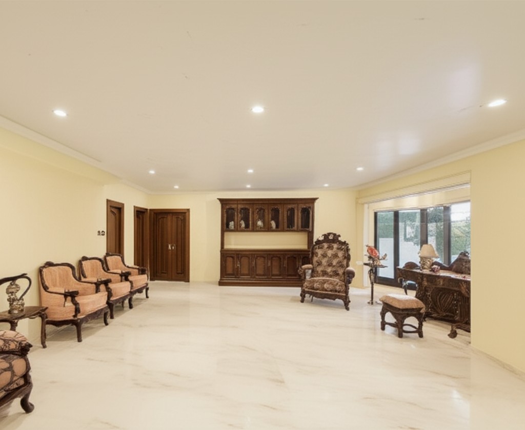Before false ceiling installation showing a plain ceiling awaiting transformation in Karachi.