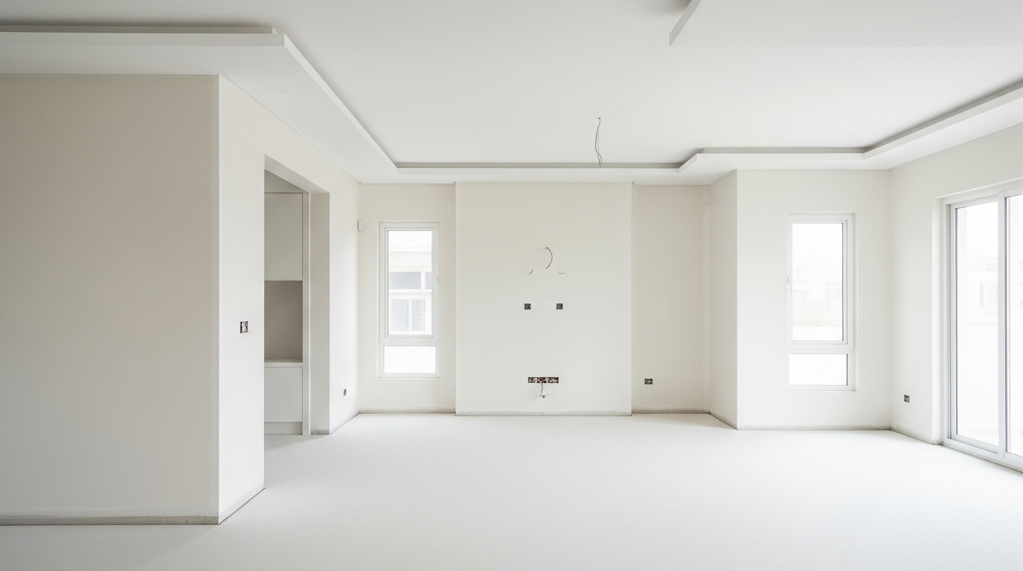 After comprehensive drywall installation and finishing, showing a pristine interior in Karachi.
