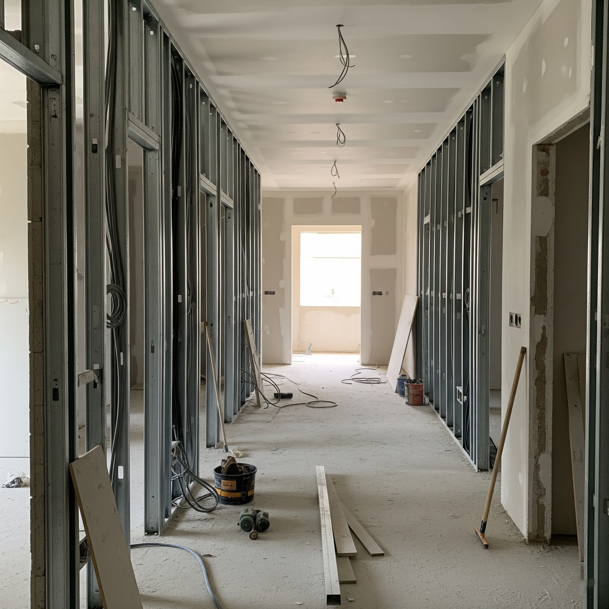 Before drywall installation: A room with exposed wooden studs.