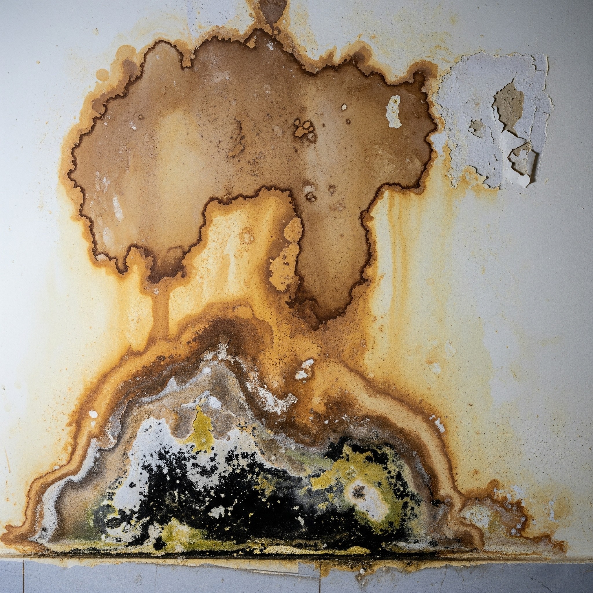 Before drywall repair: A wall showing significant water damage and staining.