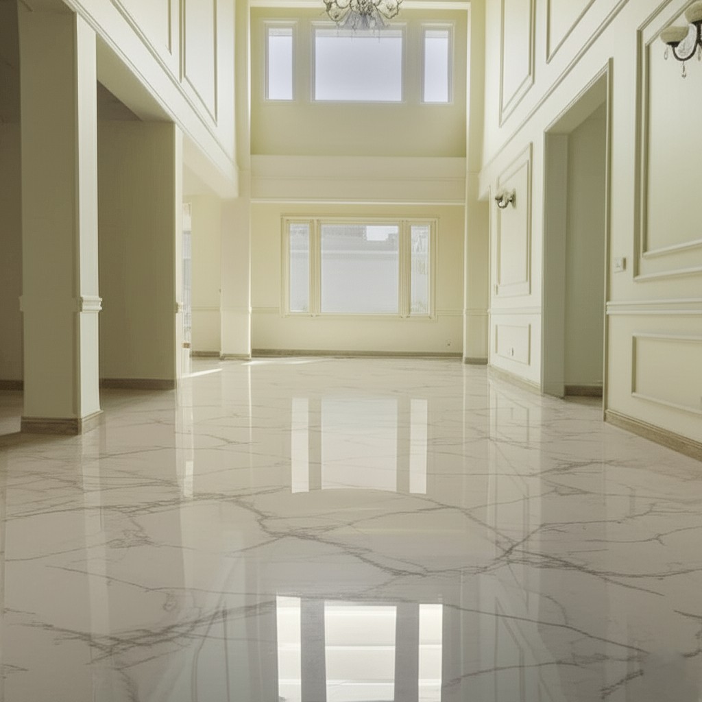 After flooring installation: Luxurious marble flooring, adding sophistication and value. Example of marble flooring installation Karachi.