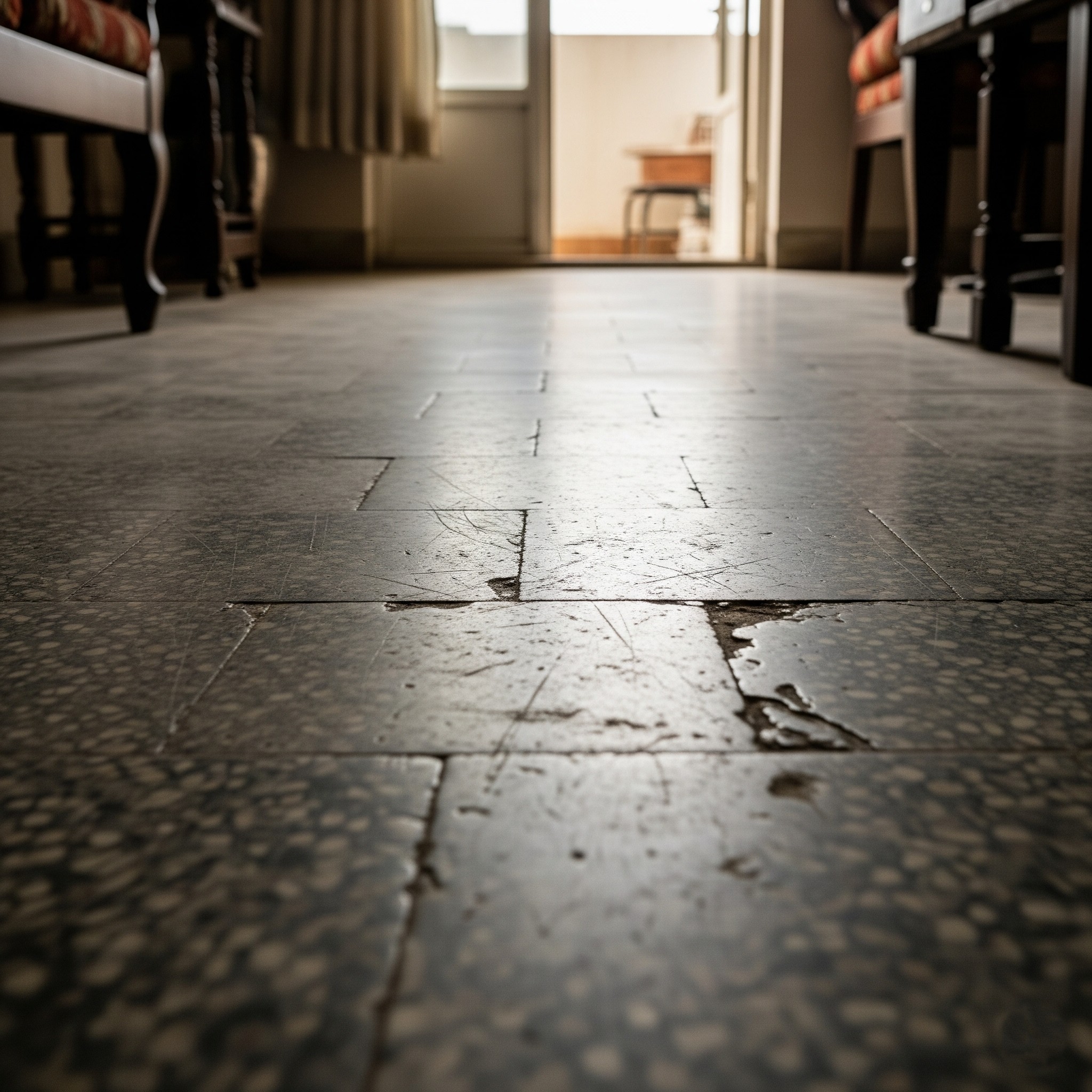 Before flooring installation: An old, worn, and scratched floor in Karachi.