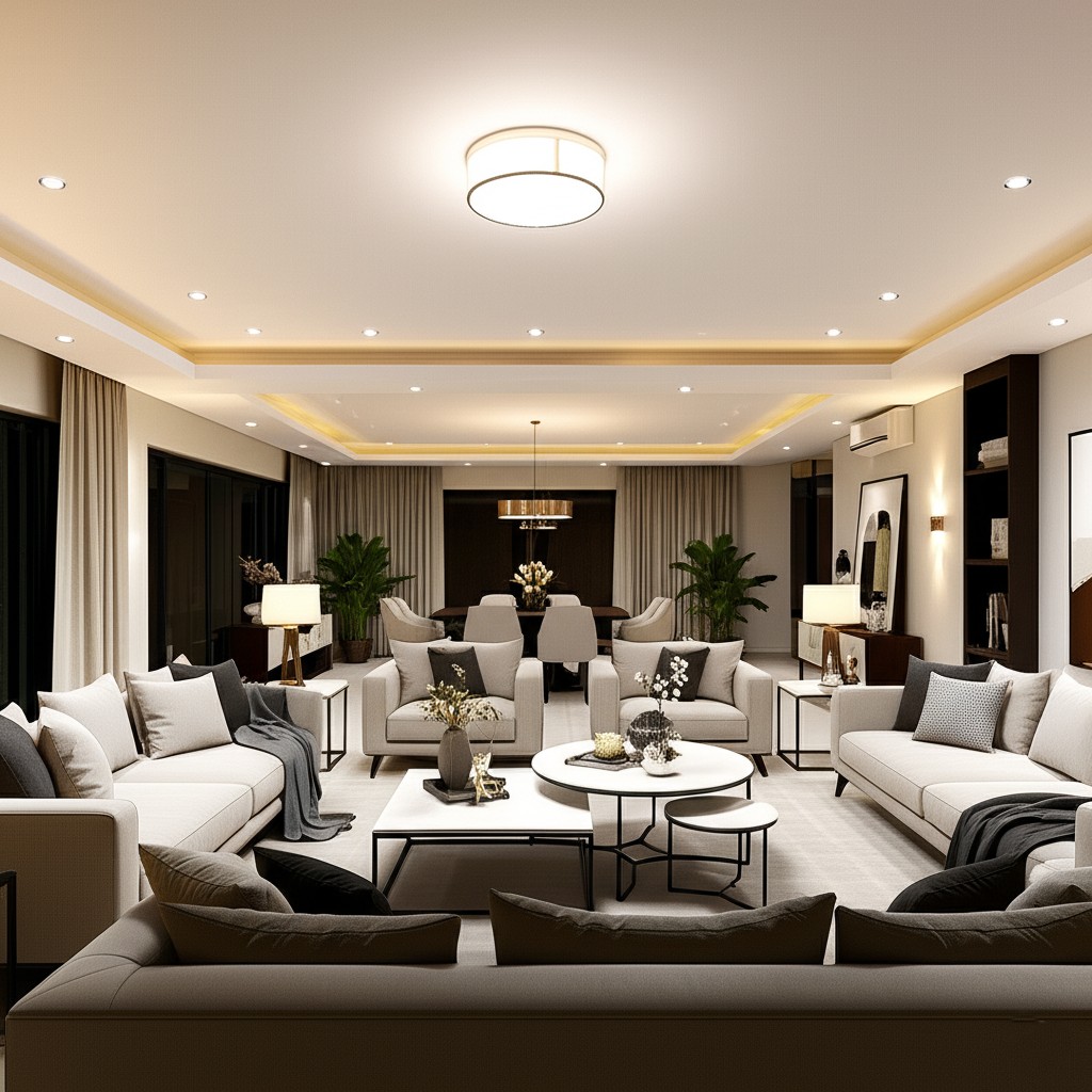 After lighting upgrade: A bright, well-lit living room with layered lighting design. Example of interior lighting Karachi.