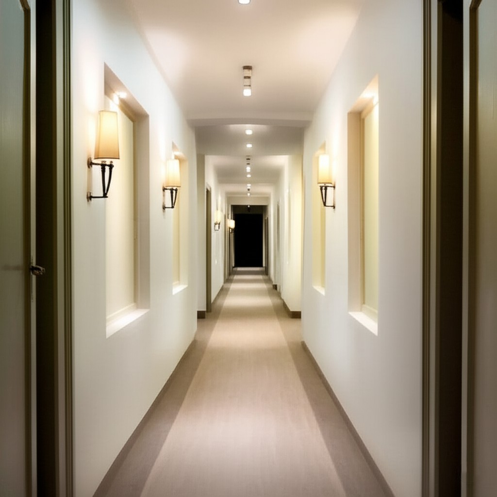 After lighting upgrade: A brightly illuminated hallway with integrated accent lighting. Example of modern lighting fixtures Karachi.