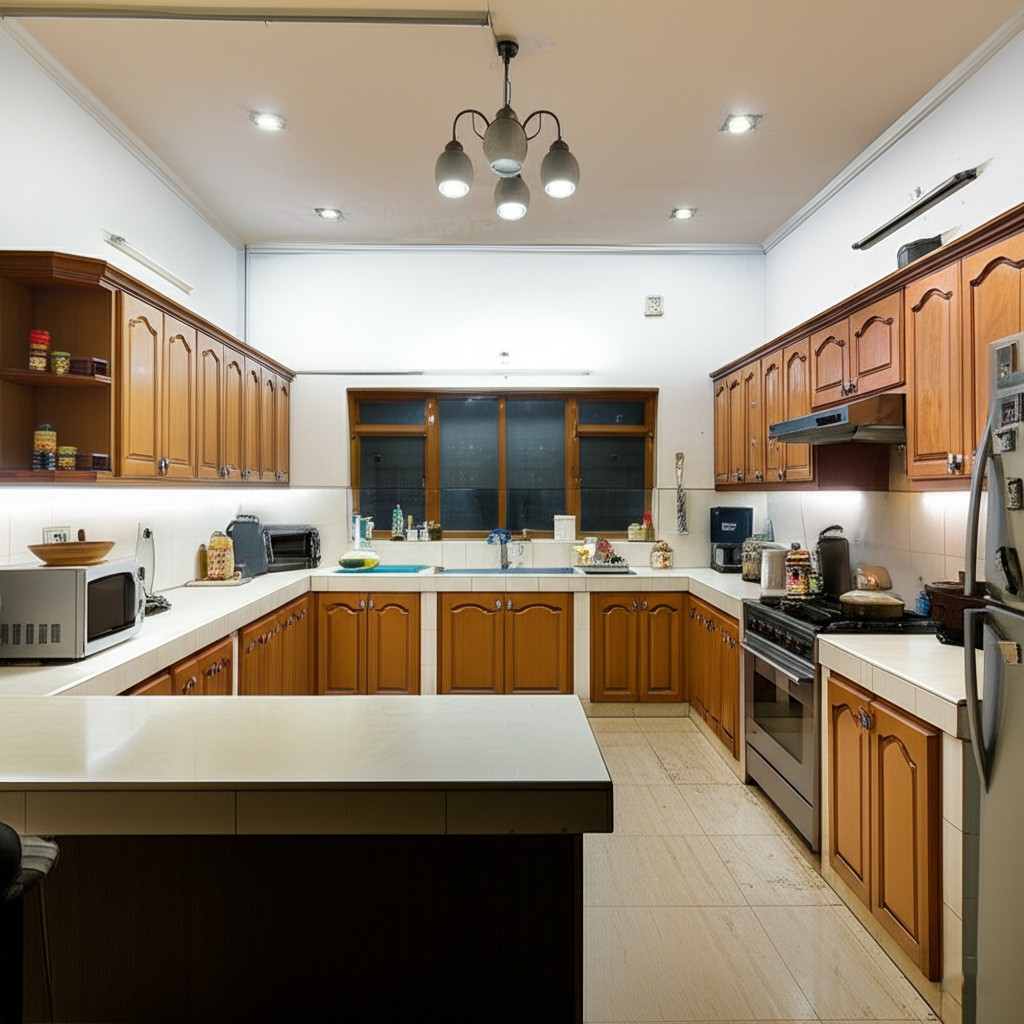 After lighting upgrade: A kitchen with sleek, energy-efficient LED recessed and under-cabinet lighting. Example of LED lighting installation Karachi.