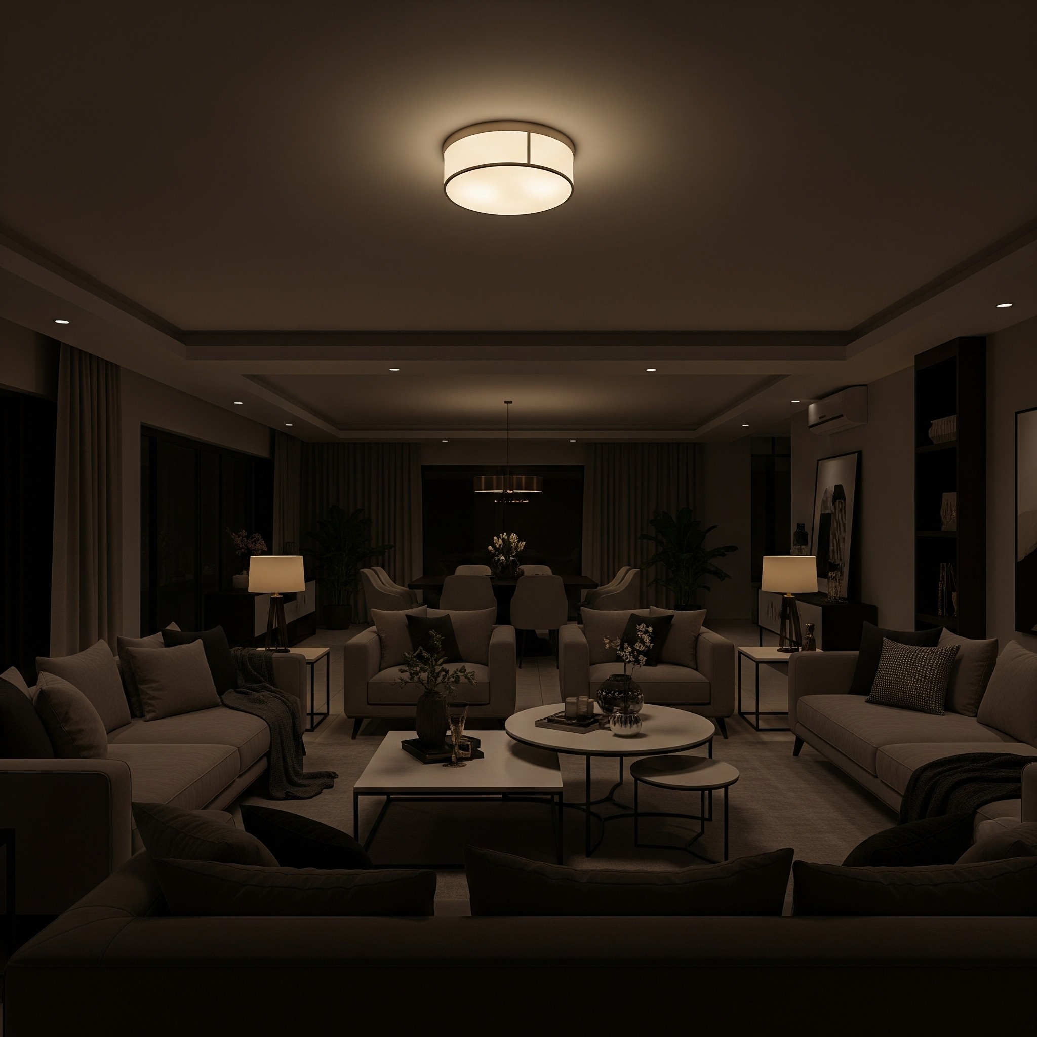 Before lighting upgrade: A dimly lit living room with inadequate lighting in Karachi.