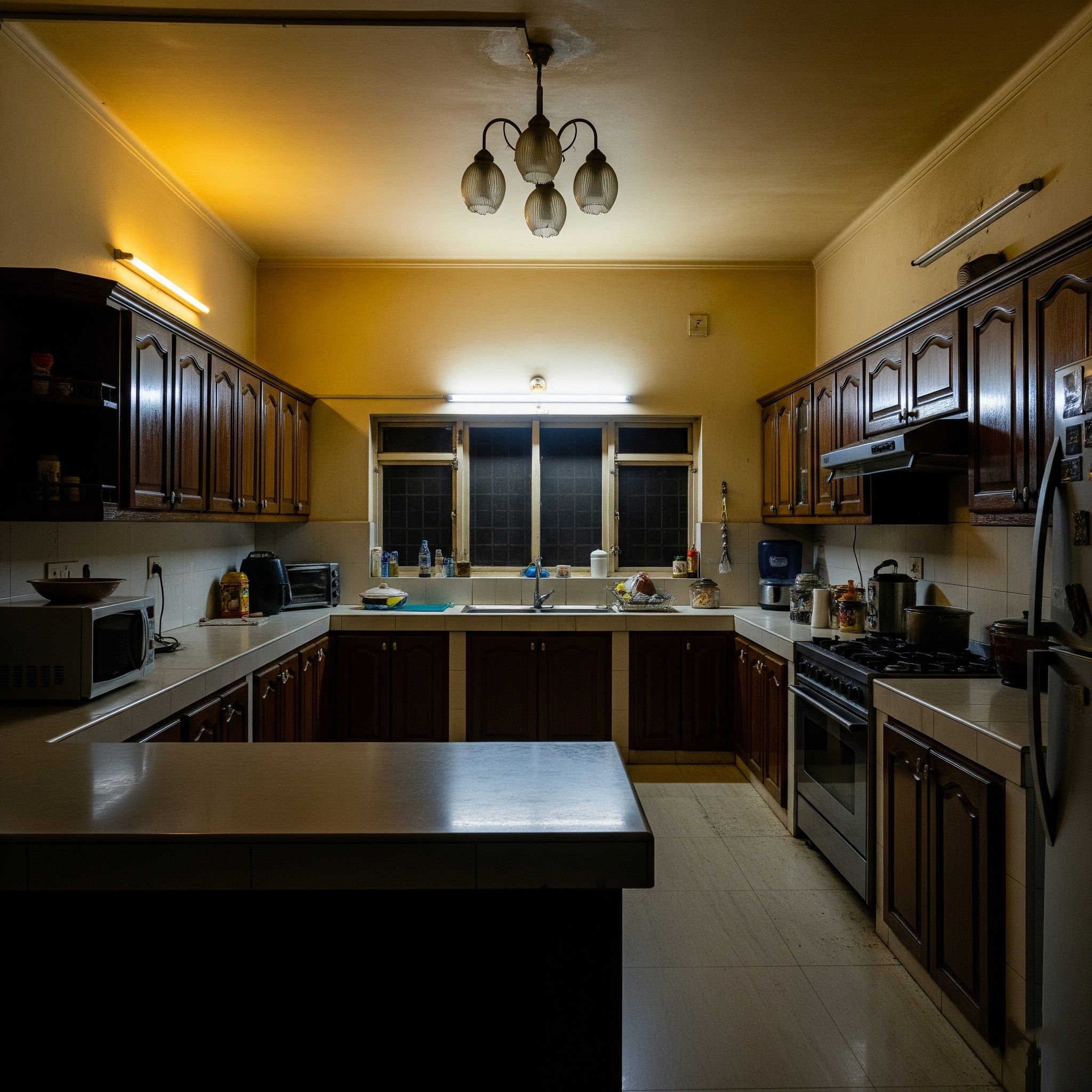 Before lighting upgrade: A kitchen with outdated and inefficient light fixtures in Karachi.