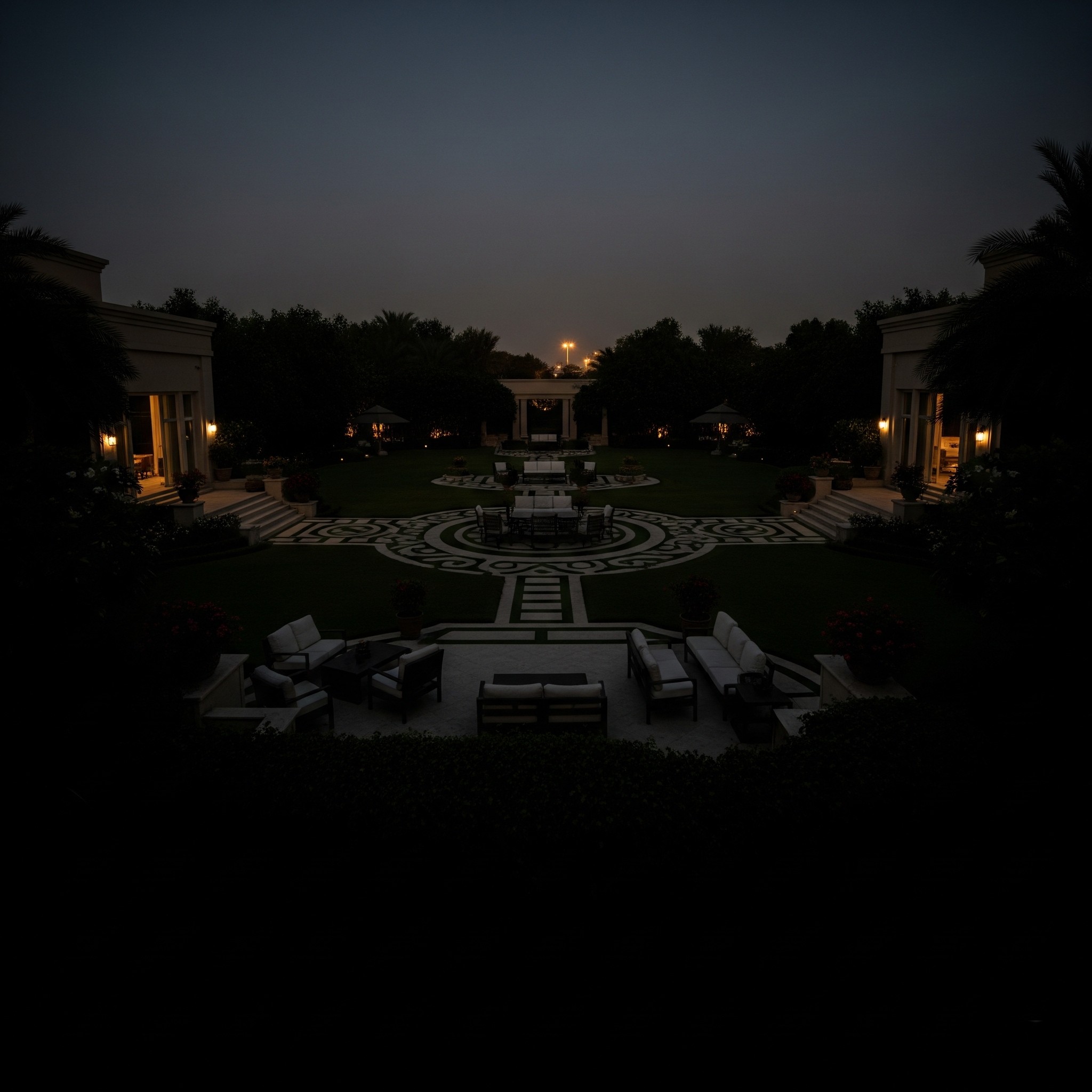 Before outdoor lighting: An unlit garden or outdoor space at night in Karachi.