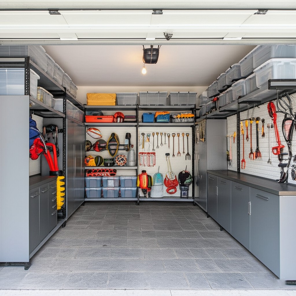 After garage storage: A functional garage with robust shelving and cabinets for tools and items, demonstrating garage storage solutions Karachi.