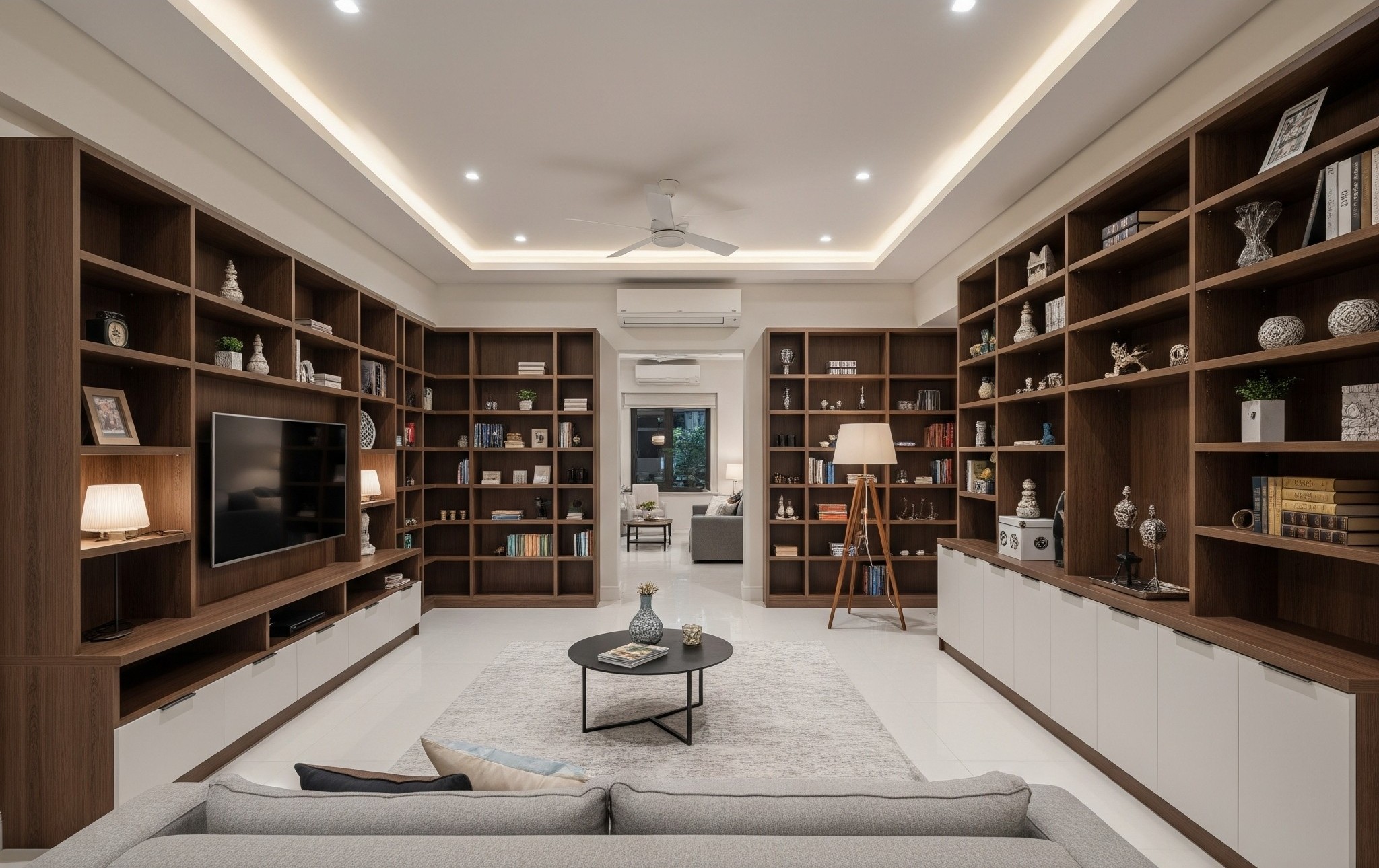 After comprehensive custom shelving and storage solution, showing an efficient and aesthetic space in Karachi.