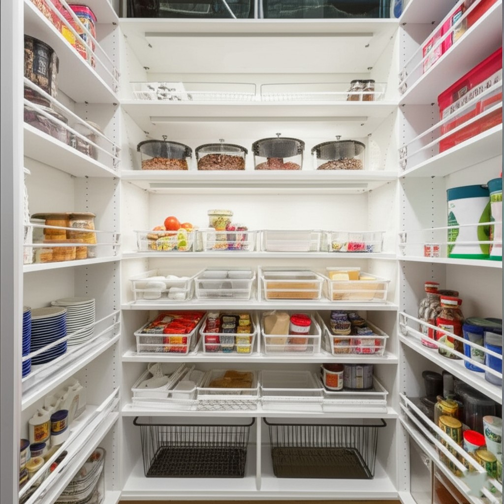 After pantry organization: An efficient and tidy pantry with custom shelving and pull-outs, showcasing pantry organization solutions Karachi.
