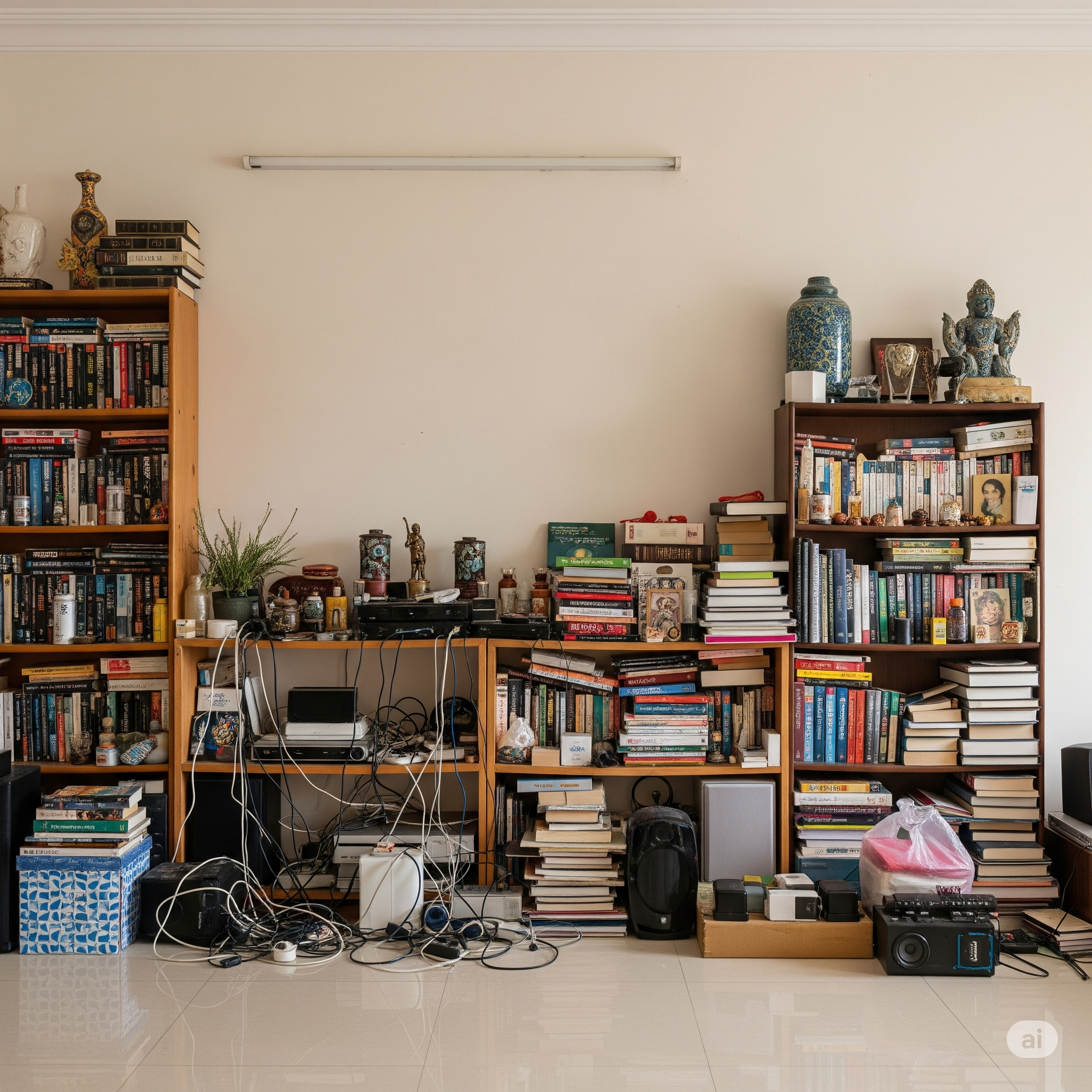 Before custom shelving: A cluttered living room with disorganized books and items.