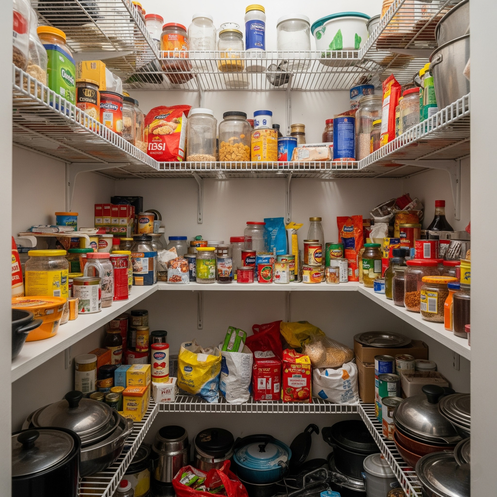 Before pantry organization: A disorganized and overflowing kitchen pantry in Karachi.
