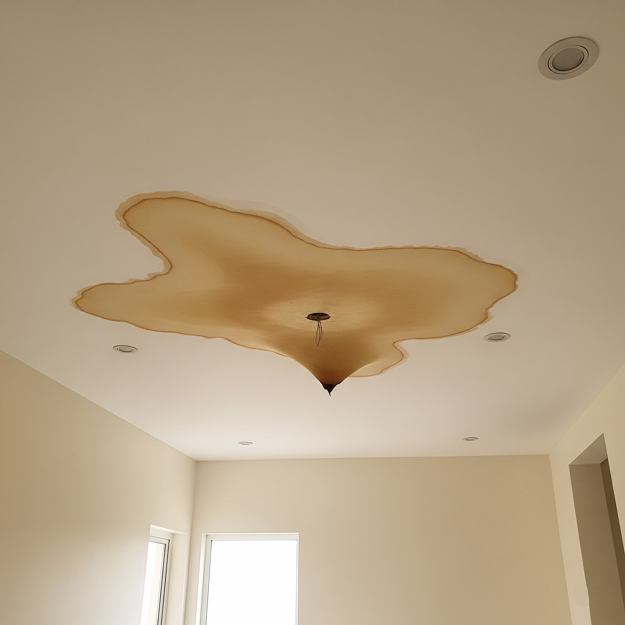 Before ceiling repair: A ceiling with significant water damage and stains in Karachi.